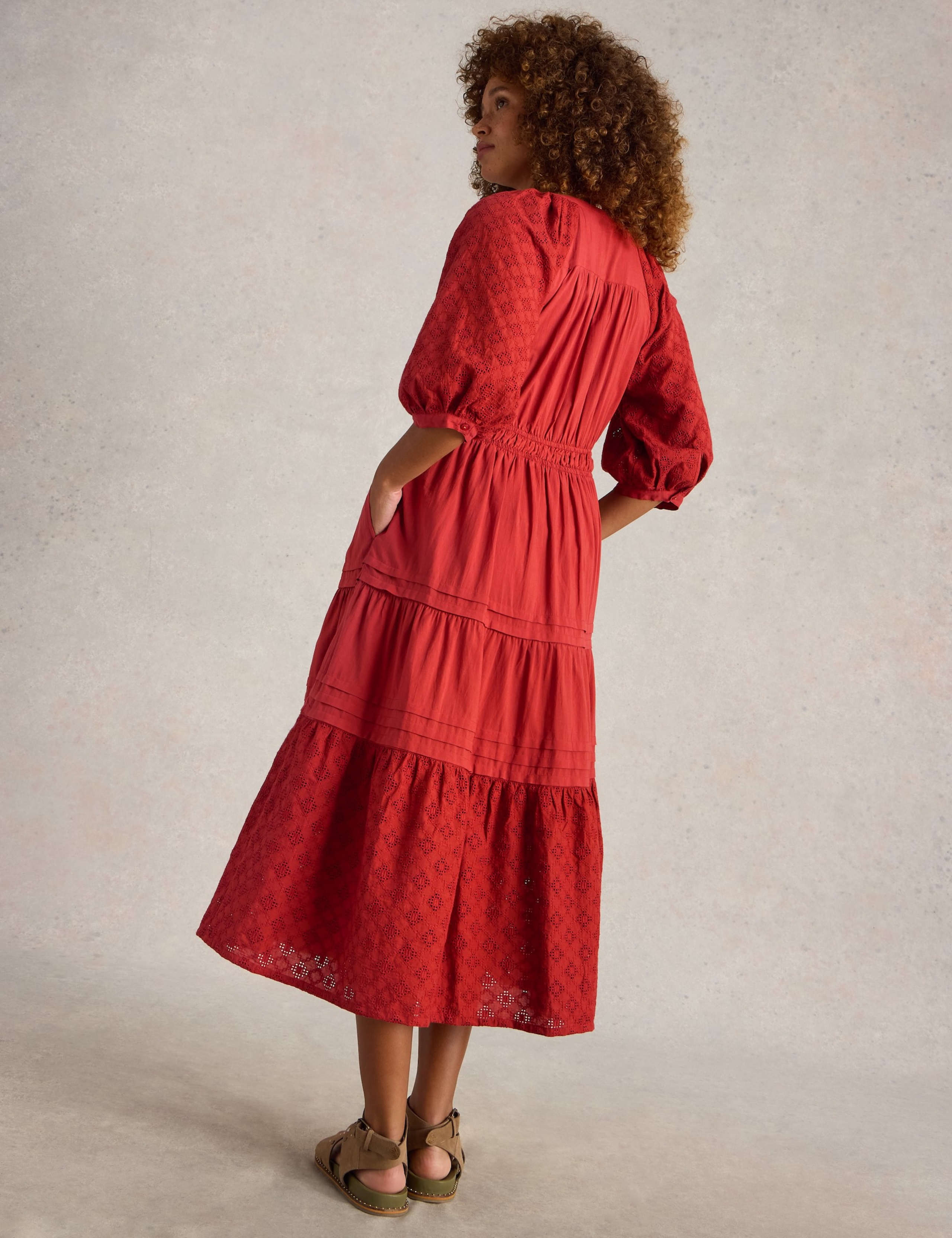 Pure Cotton Broderie V-Neck Midi Tiered Dress 3 of 6