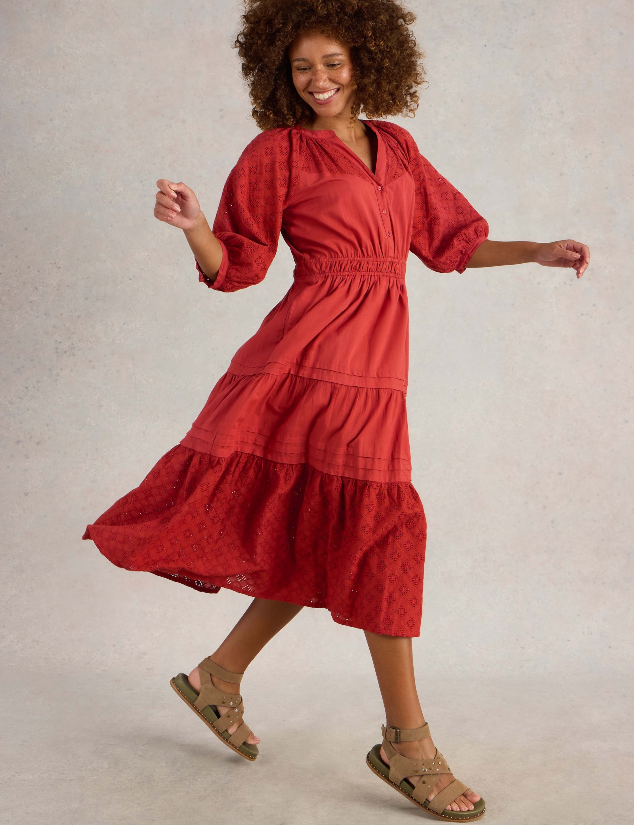 Pure Cotton Broderie V-Neck Midi Tiered Dress 5 of 6