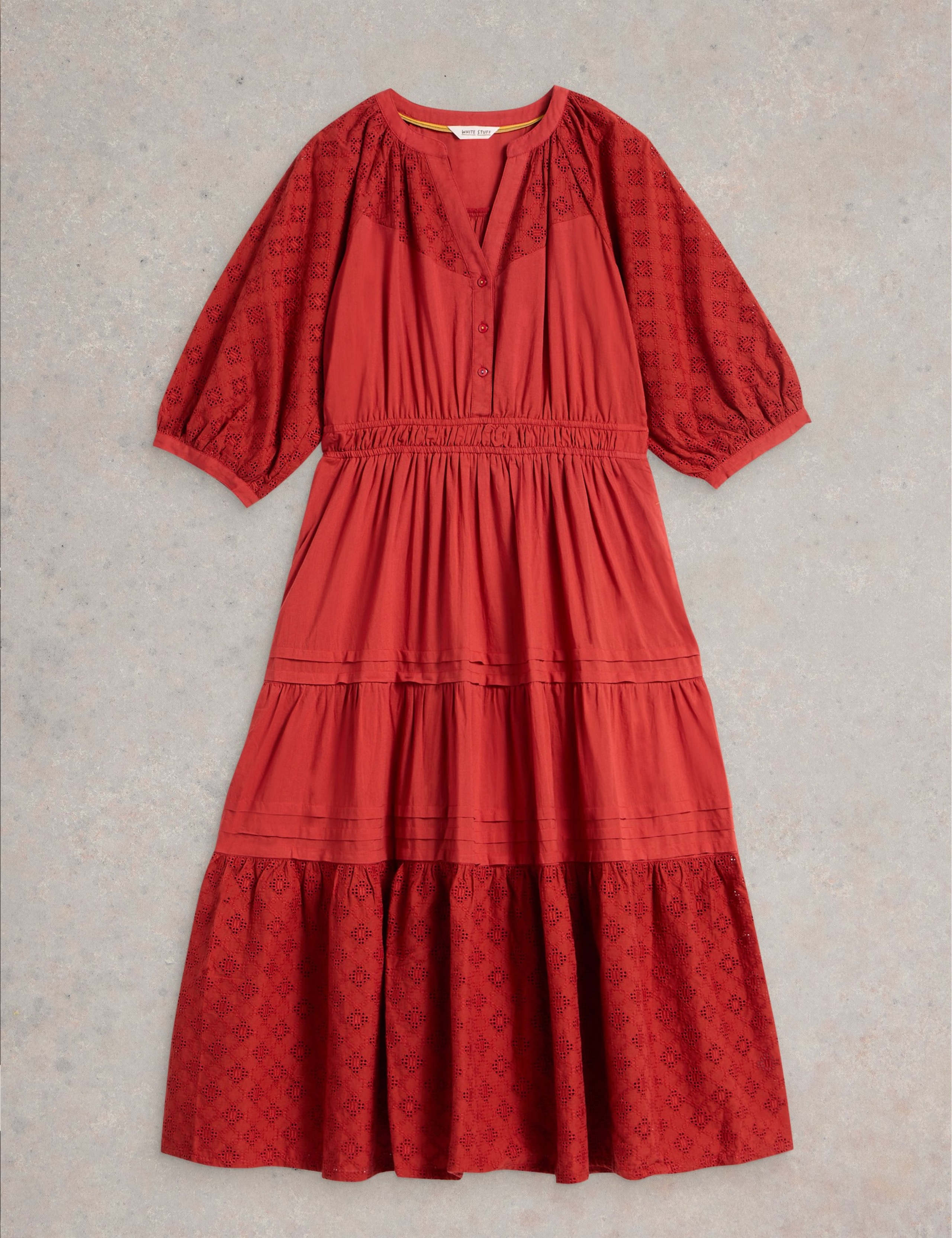 Pure Cotton Broderie V-Neck Midi Tiered Dress 2 of 6