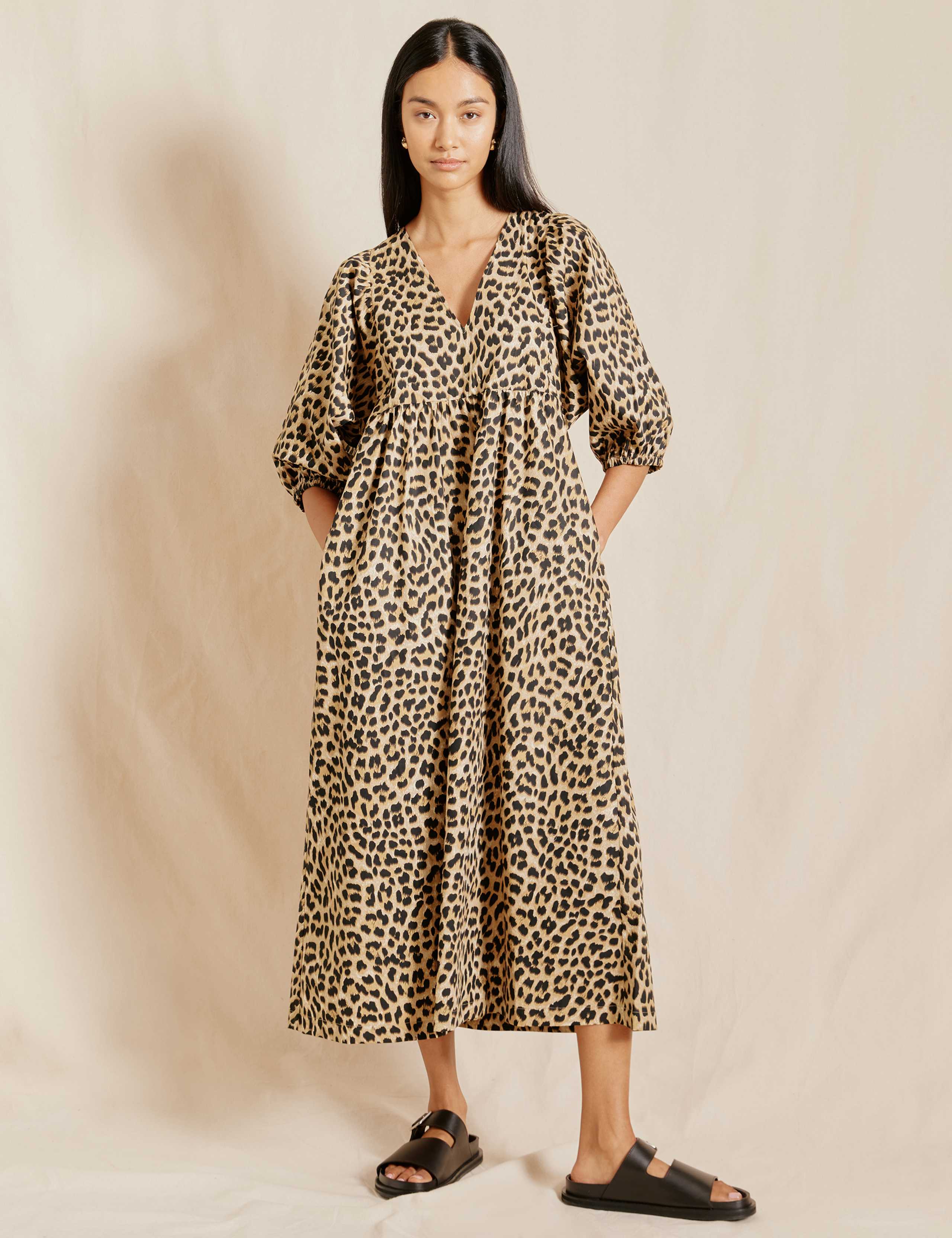 Pure Cotton Animal Print V-Neck Midi Dress 1 of 4