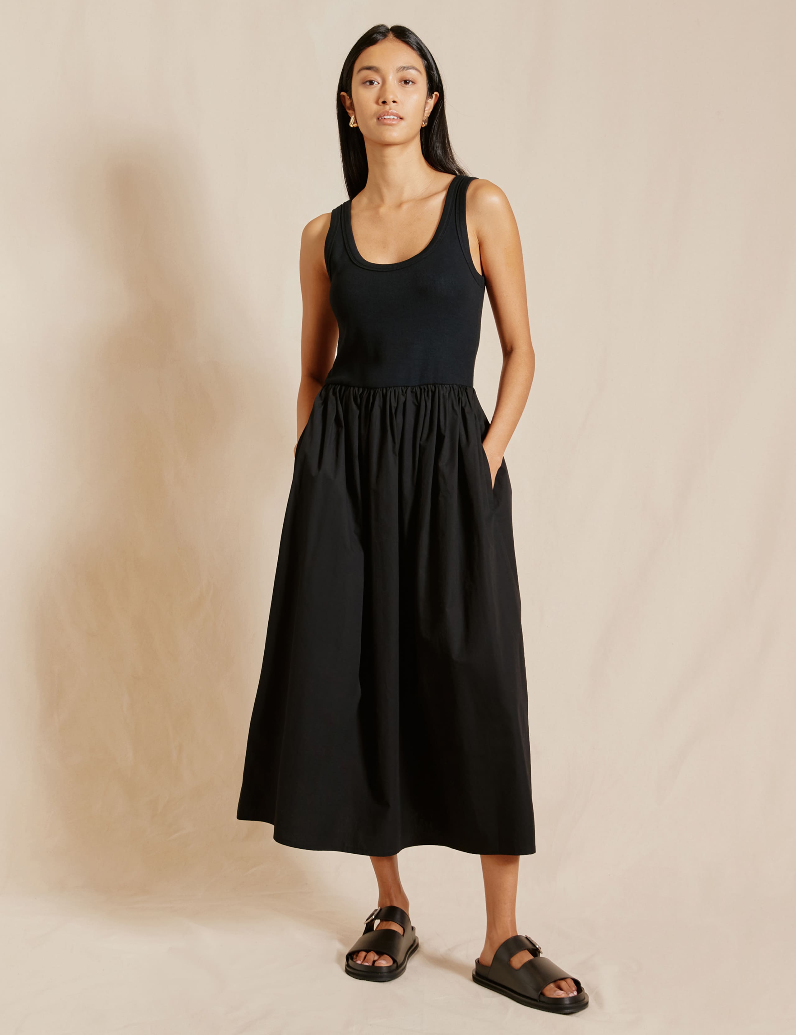 Pure Cotton Scoop Neck Midi Waisted Dress 1 of 5