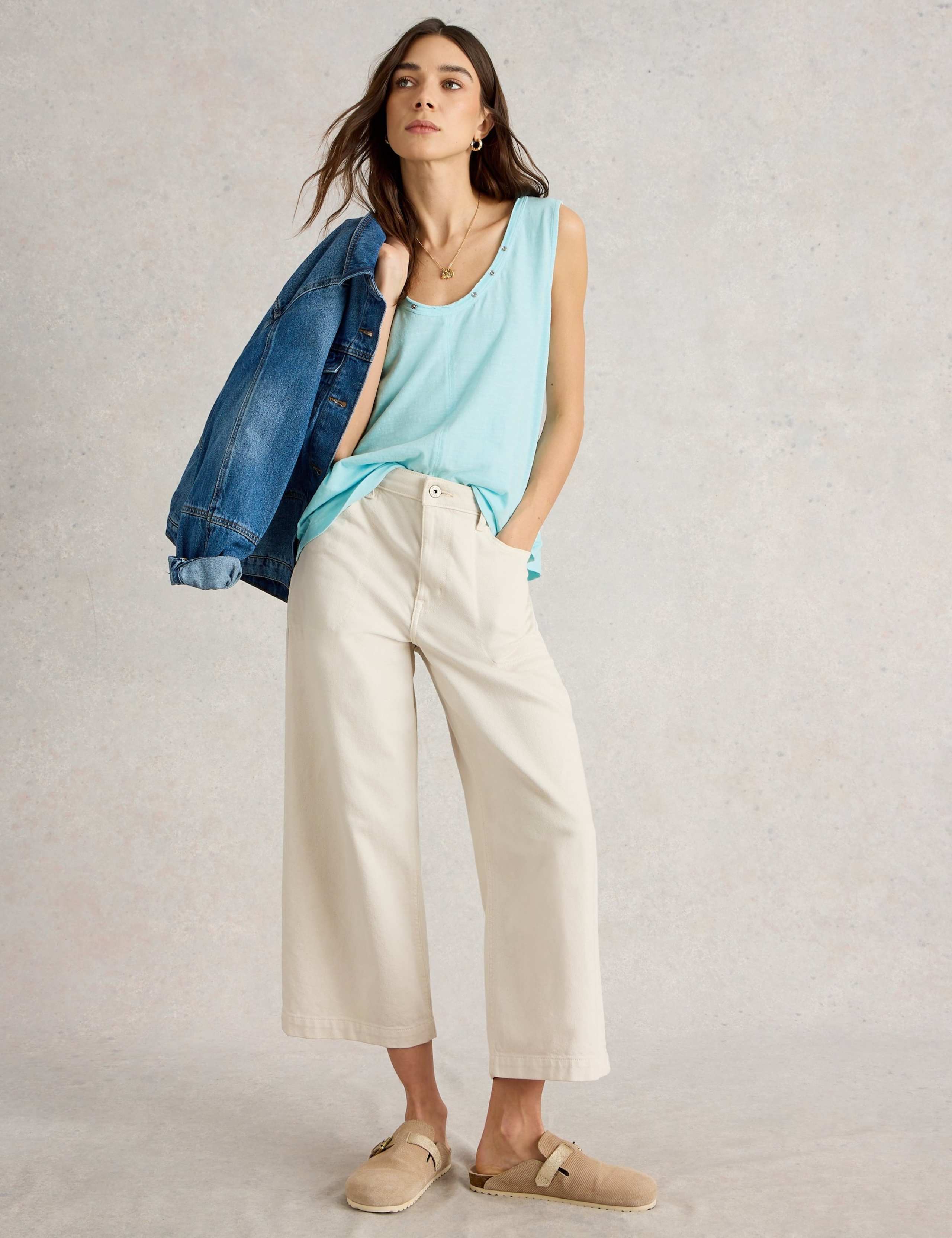 Pure Cotton Scoop Neck Button Detail Vest Top 3 of 6