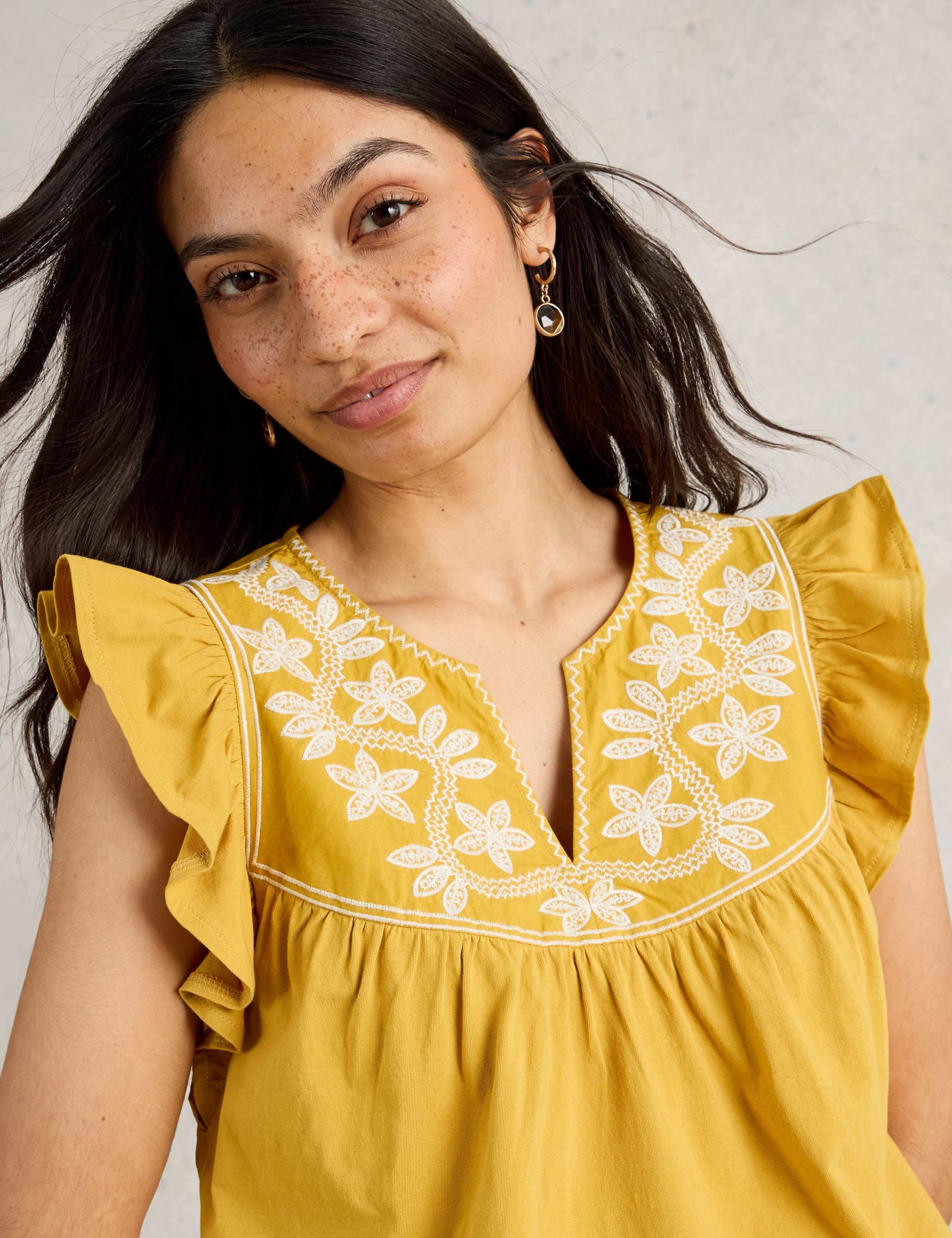 Pure Cotton Embroidered Frill Detail Top 4 of 4