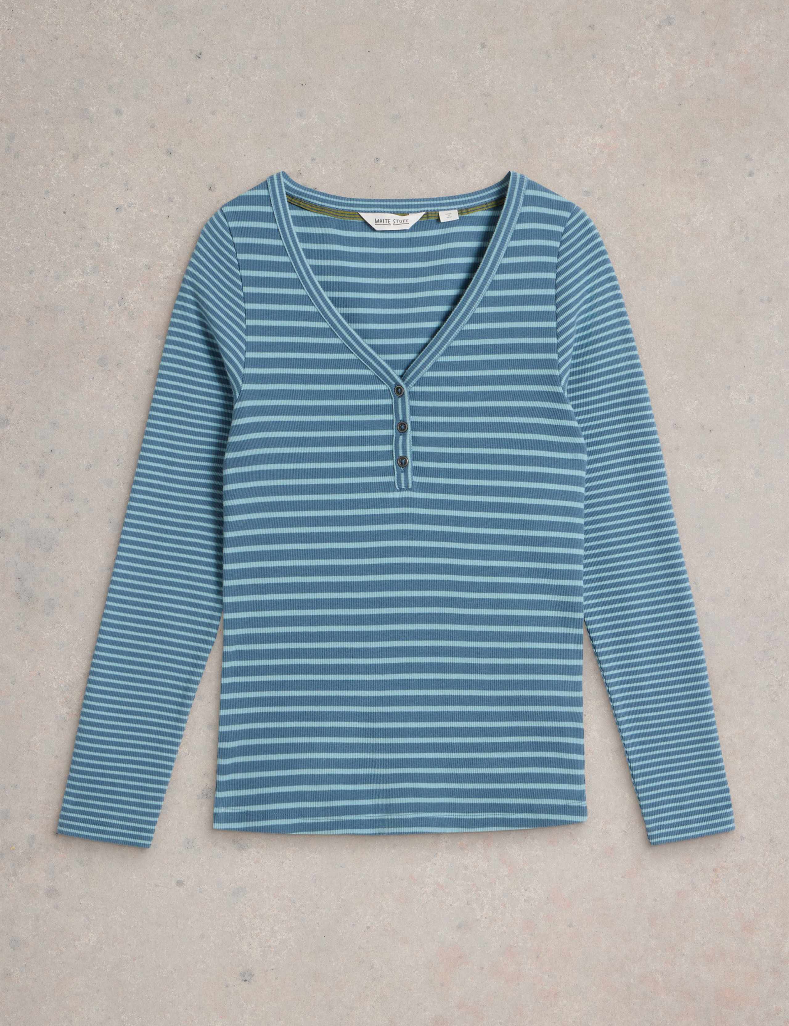 Cotton Rich Striped Ribbed V-Neck Henley Top 2 of 6