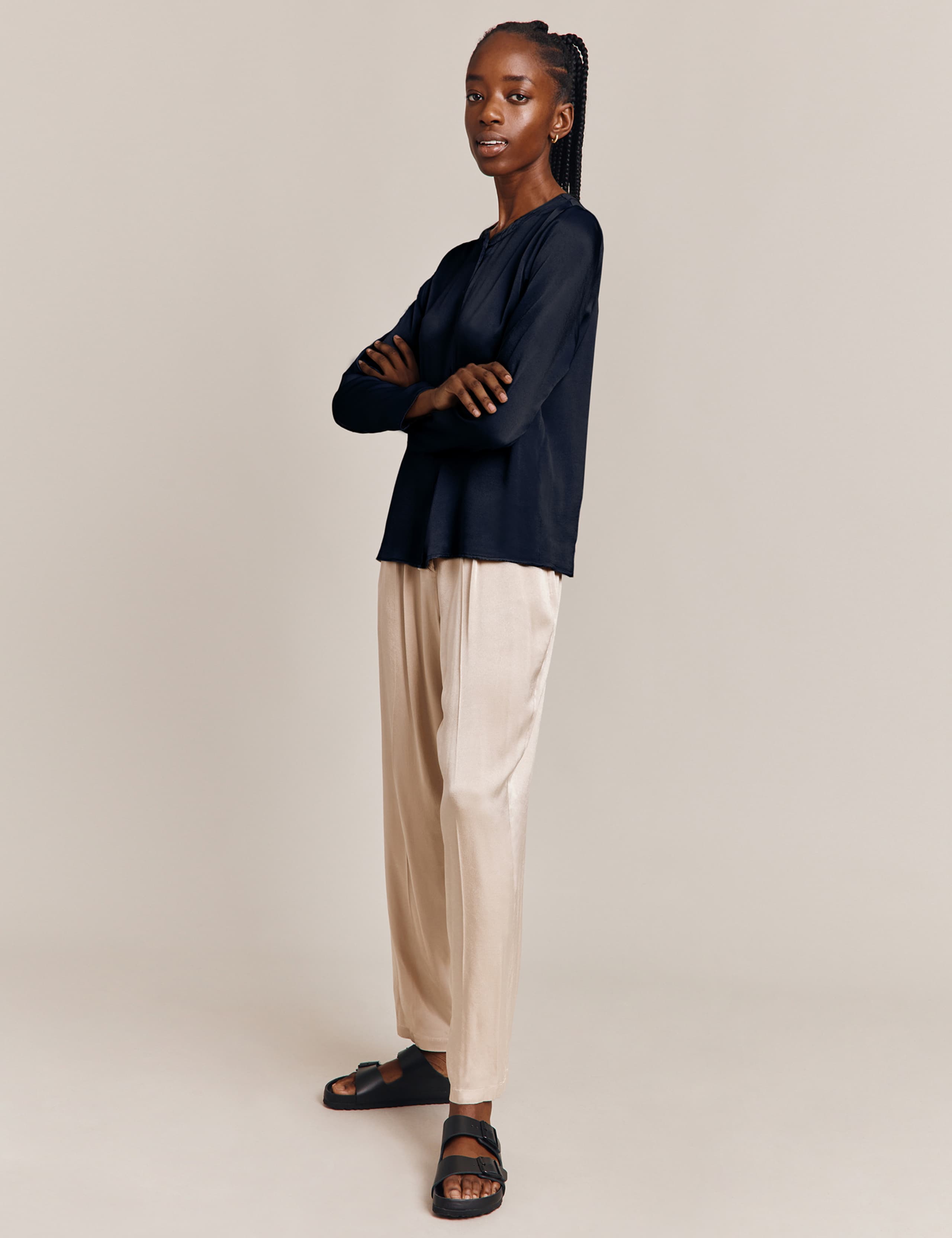 Satin Round Neck Collarless Blouse 4 of 4