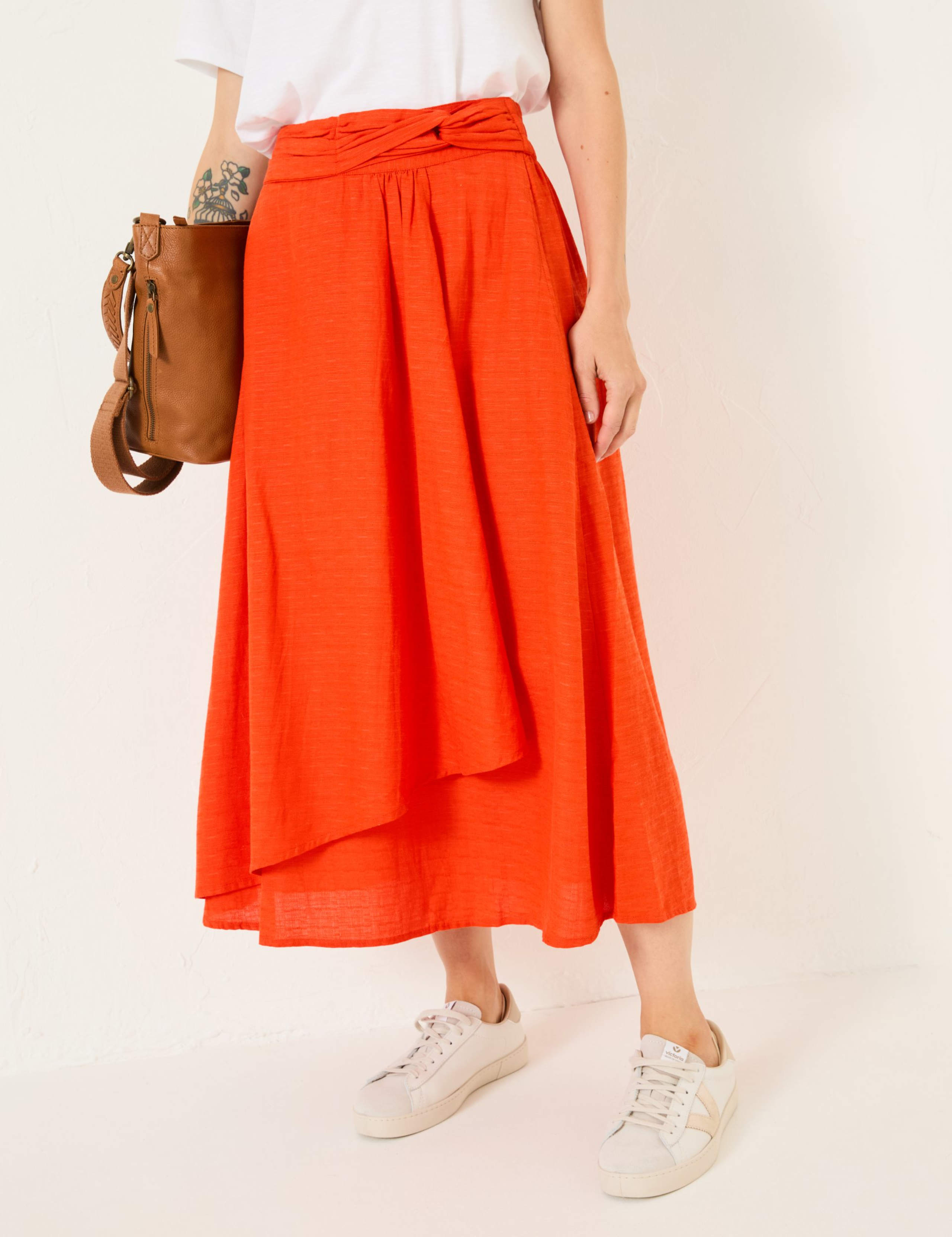 Cotton Blend Midi Asymmetric Skirt with Linen 4 of 9