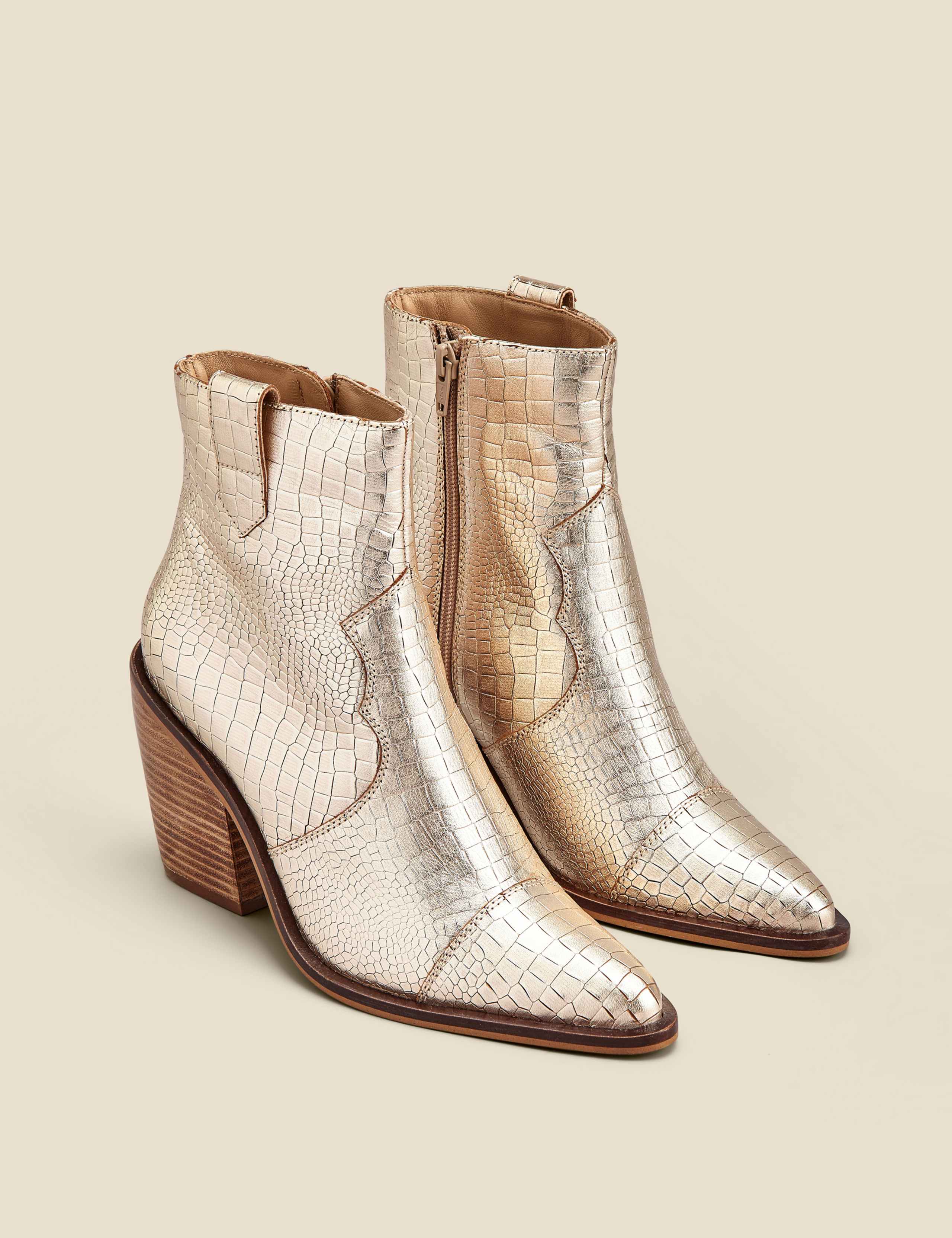 Leather Cow Boy Croc Block Heel Ankle Boots 4 of 6