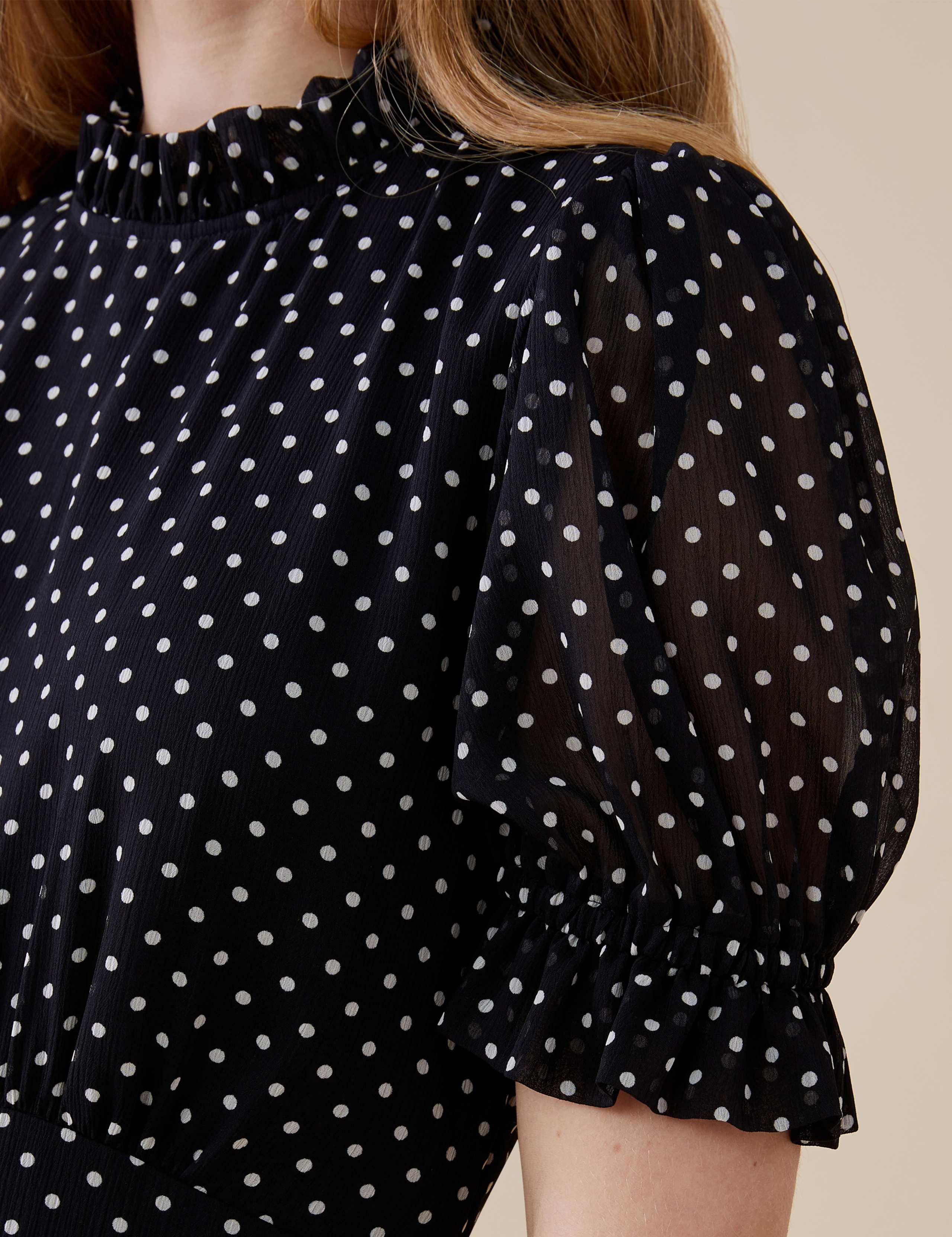 Polka Dot High Neck Midi Waisted Dress 3 of 4