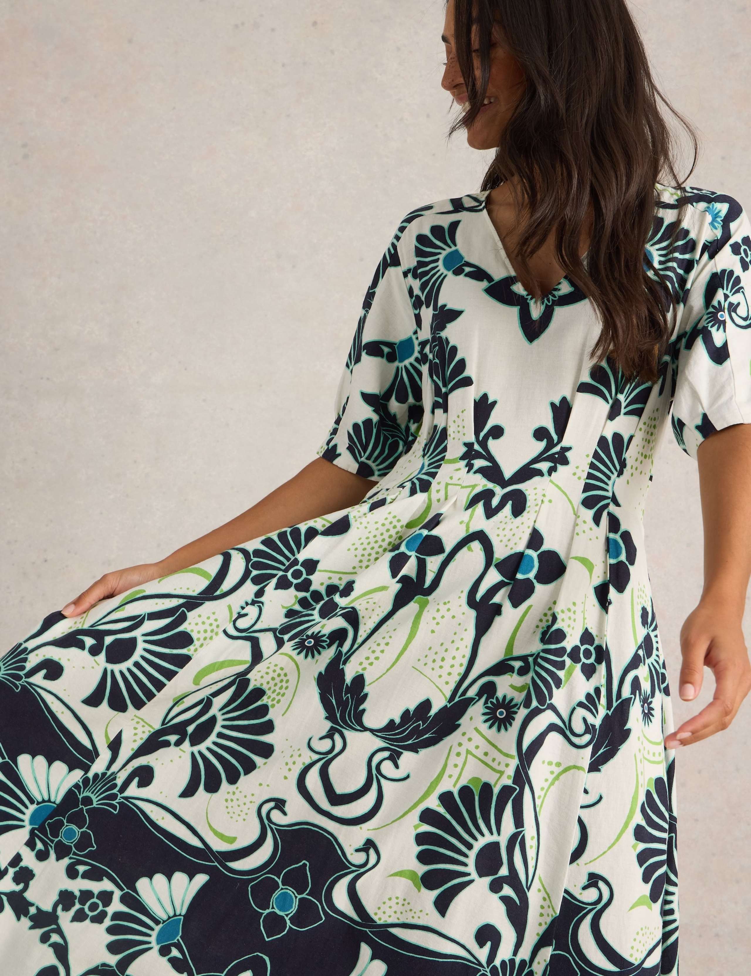 Linen Blend Printed Midaxi Waisted Dress 3 of 6