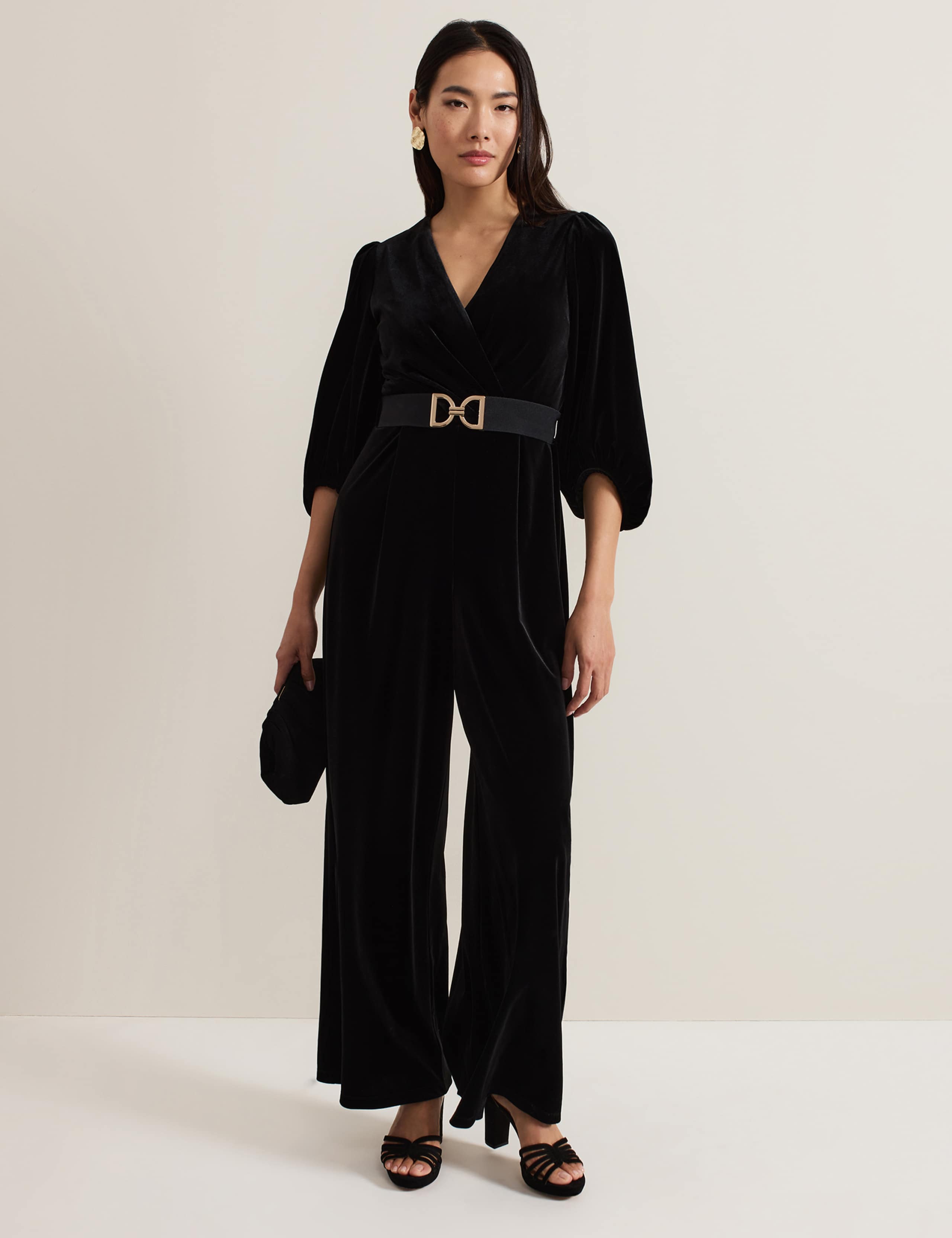 Velvet Belted 3/4 Sleeve Wide Leg Jumpsuit 1 of 7