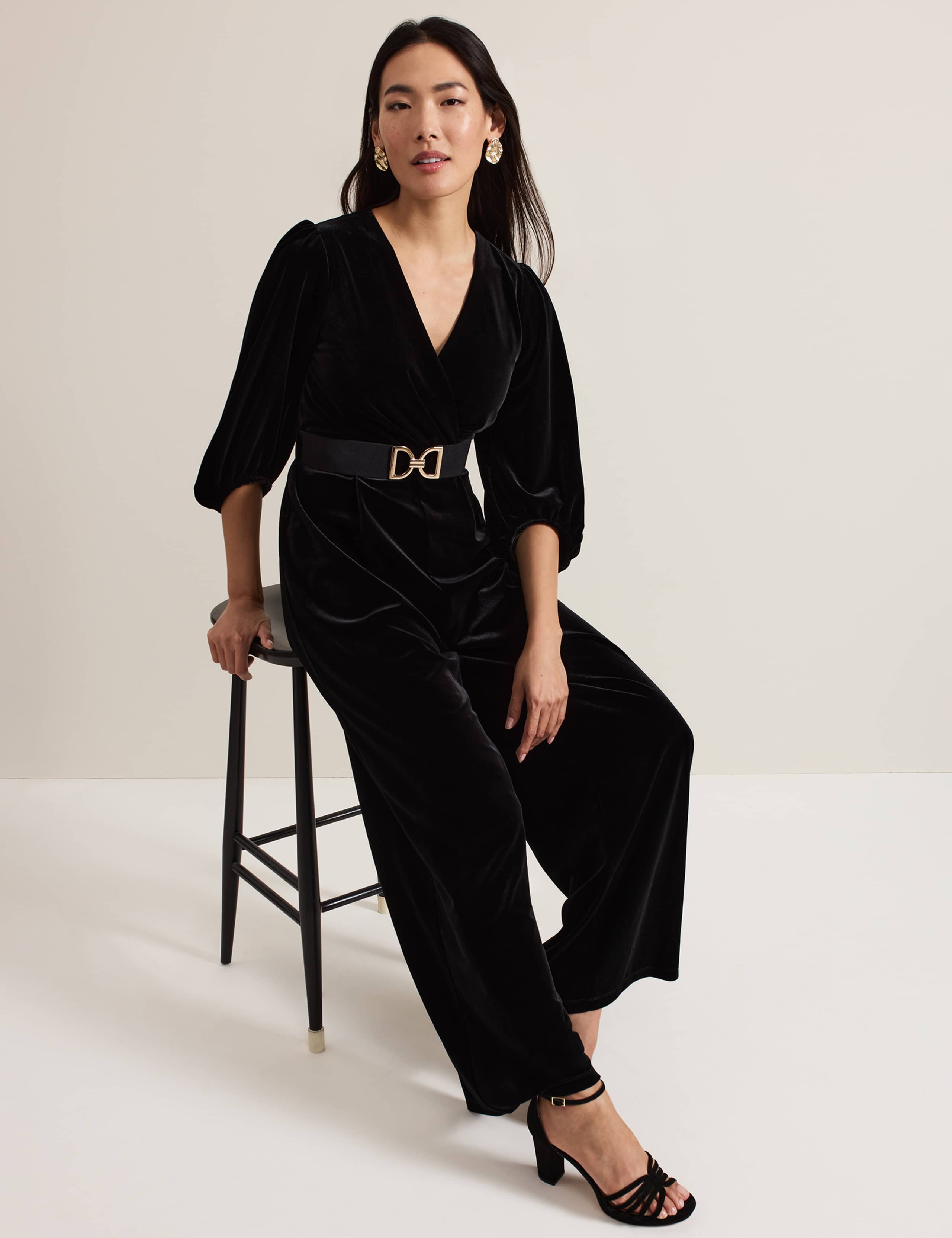 Velvet Belted 3/4 Sleeve Wide Leg Jumpsuit 7 of 7
