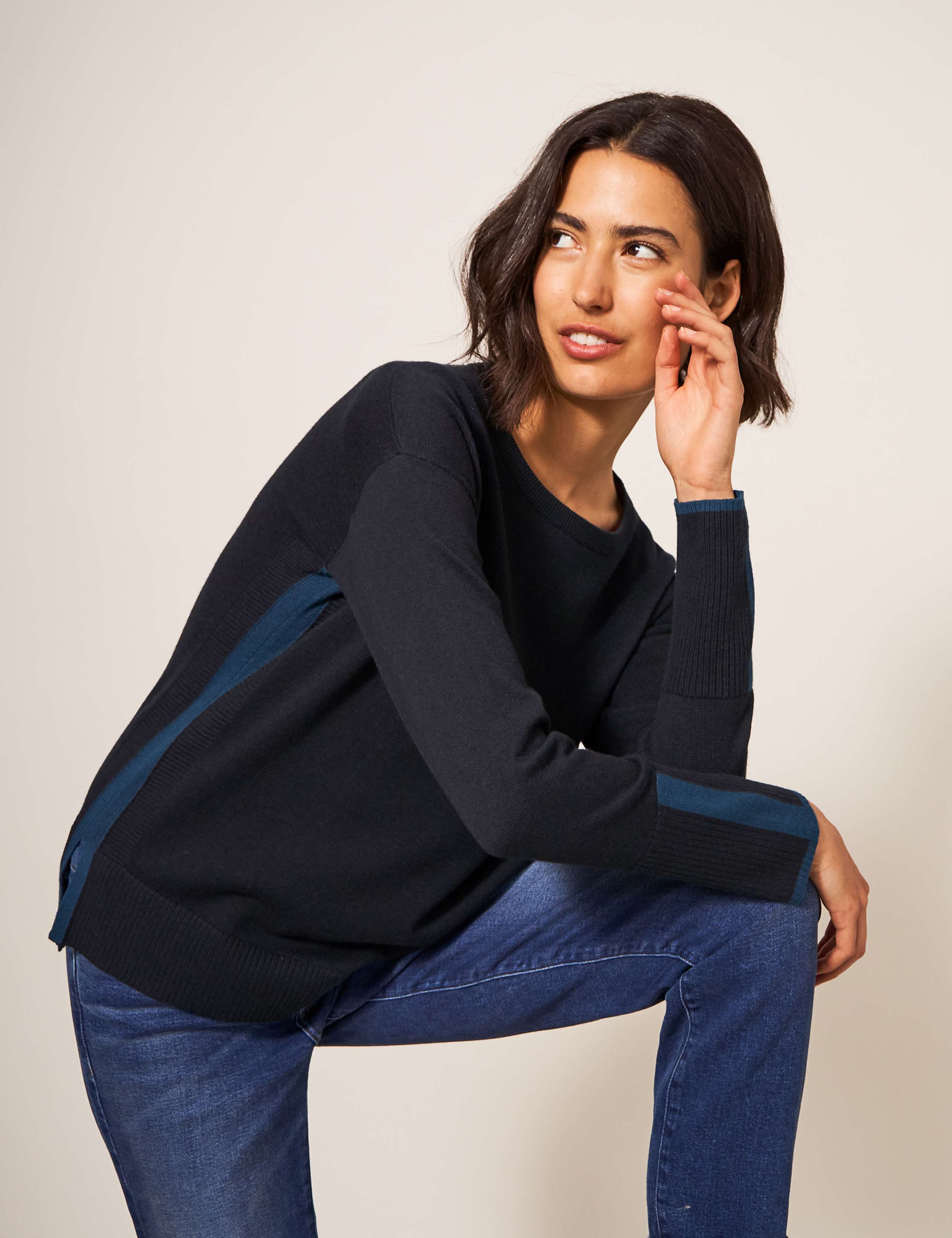 Cotton Rich Crew Neck Stepped Hem Jumper 1 of 5