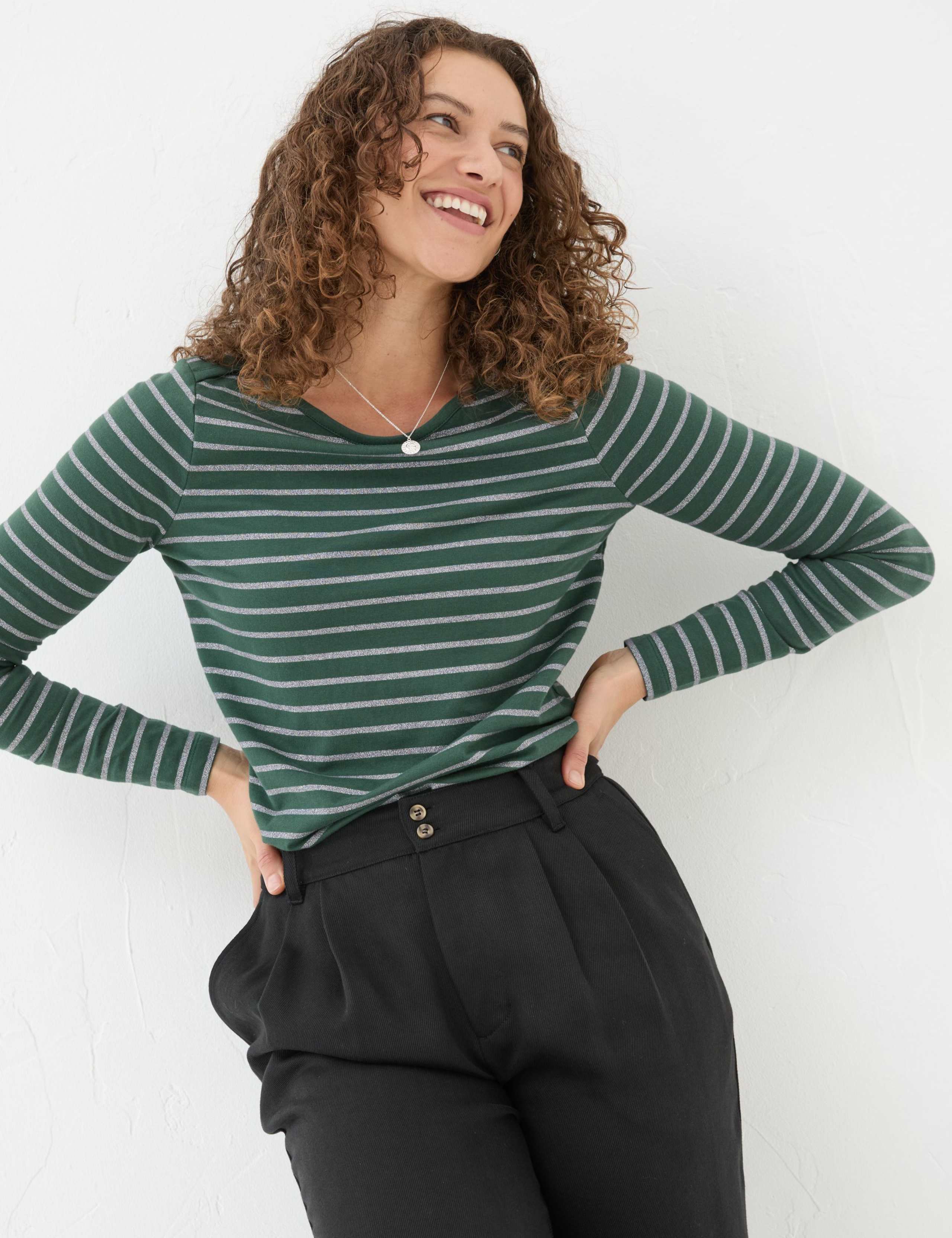 Cotton Rich Striped Sparkle Slash Neck Top 1 of 5