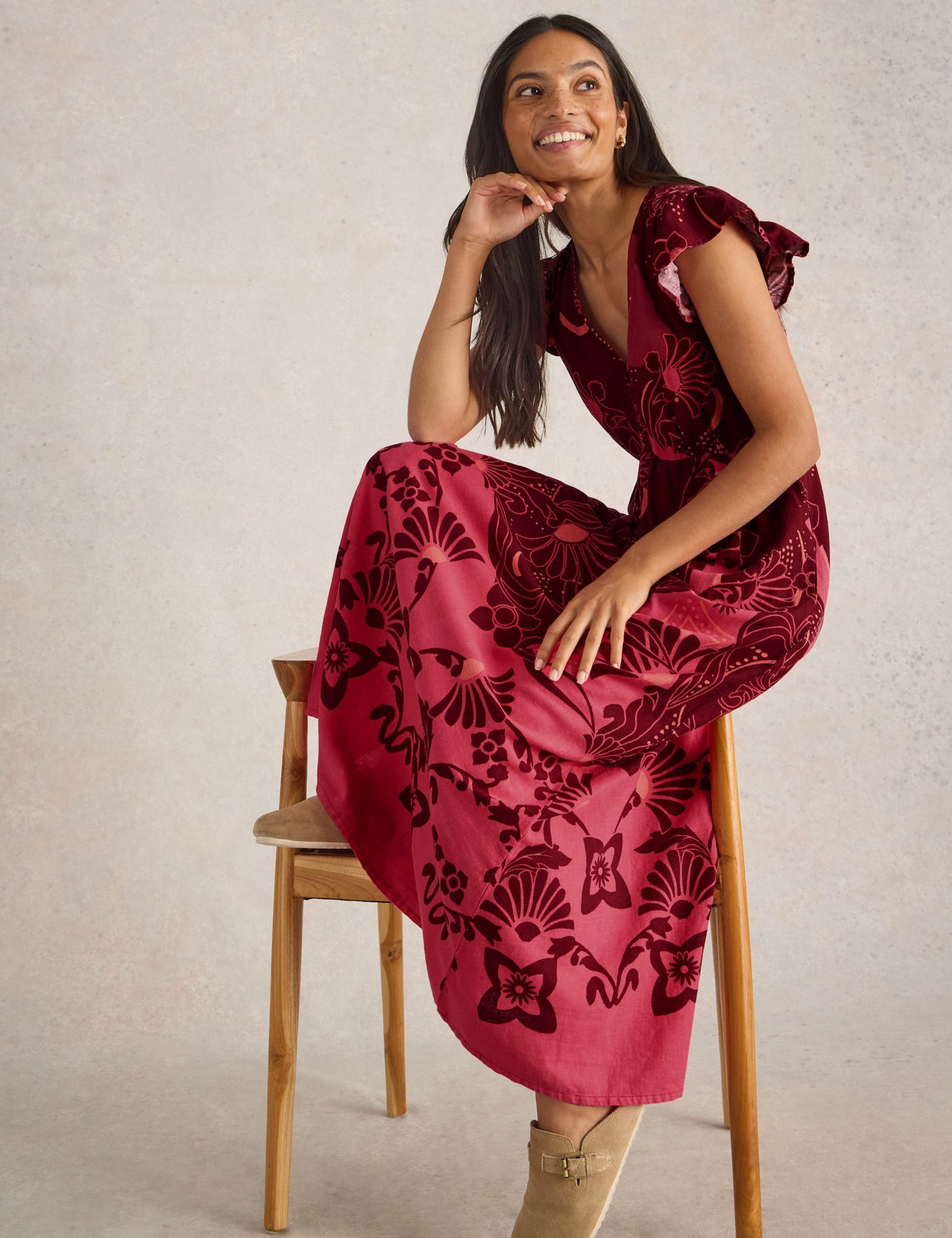 Linen Blend Printed Maxi Waisted Dress 3 of 6