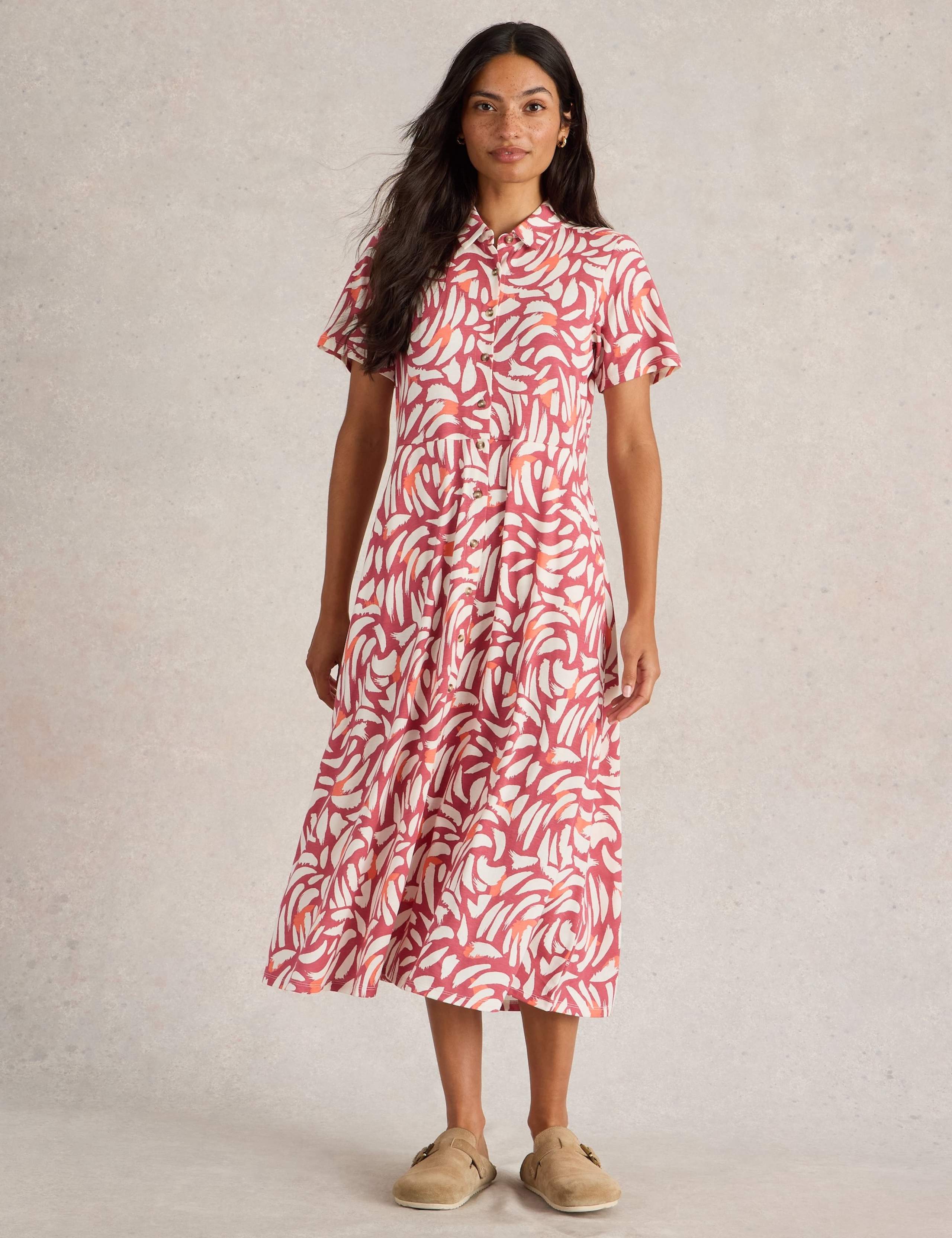 Cotton Modal Printed V Neck Midi Shirt Dress 1 of 6