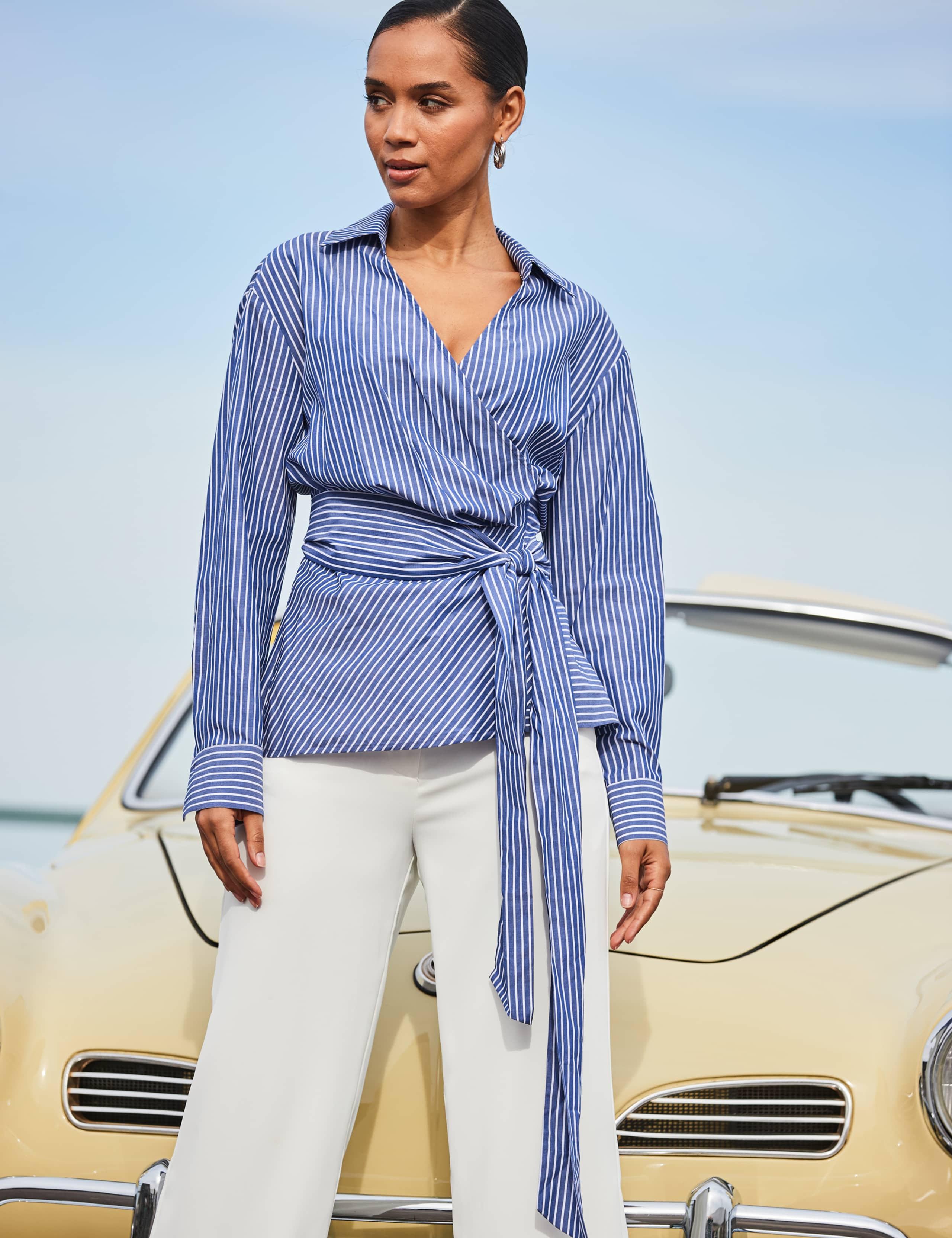 Cotton Rich Striped V-Neck Tie Side Shirt 5 of 6