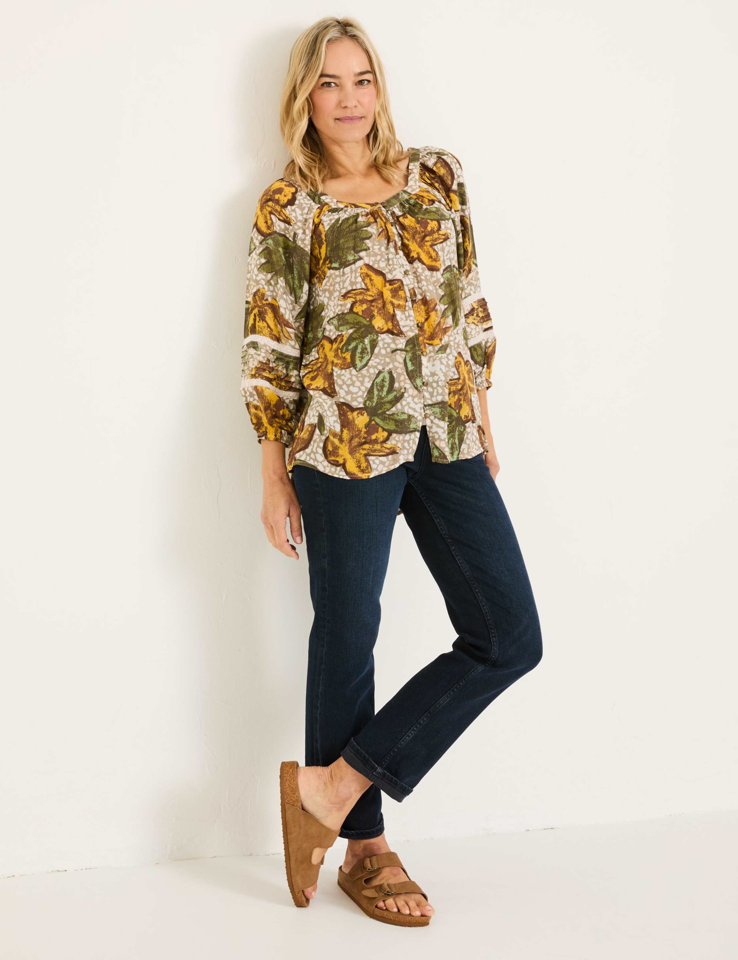 Floral Square Neck Lace Insert Blouson Sleeve Blouse 3 of 6