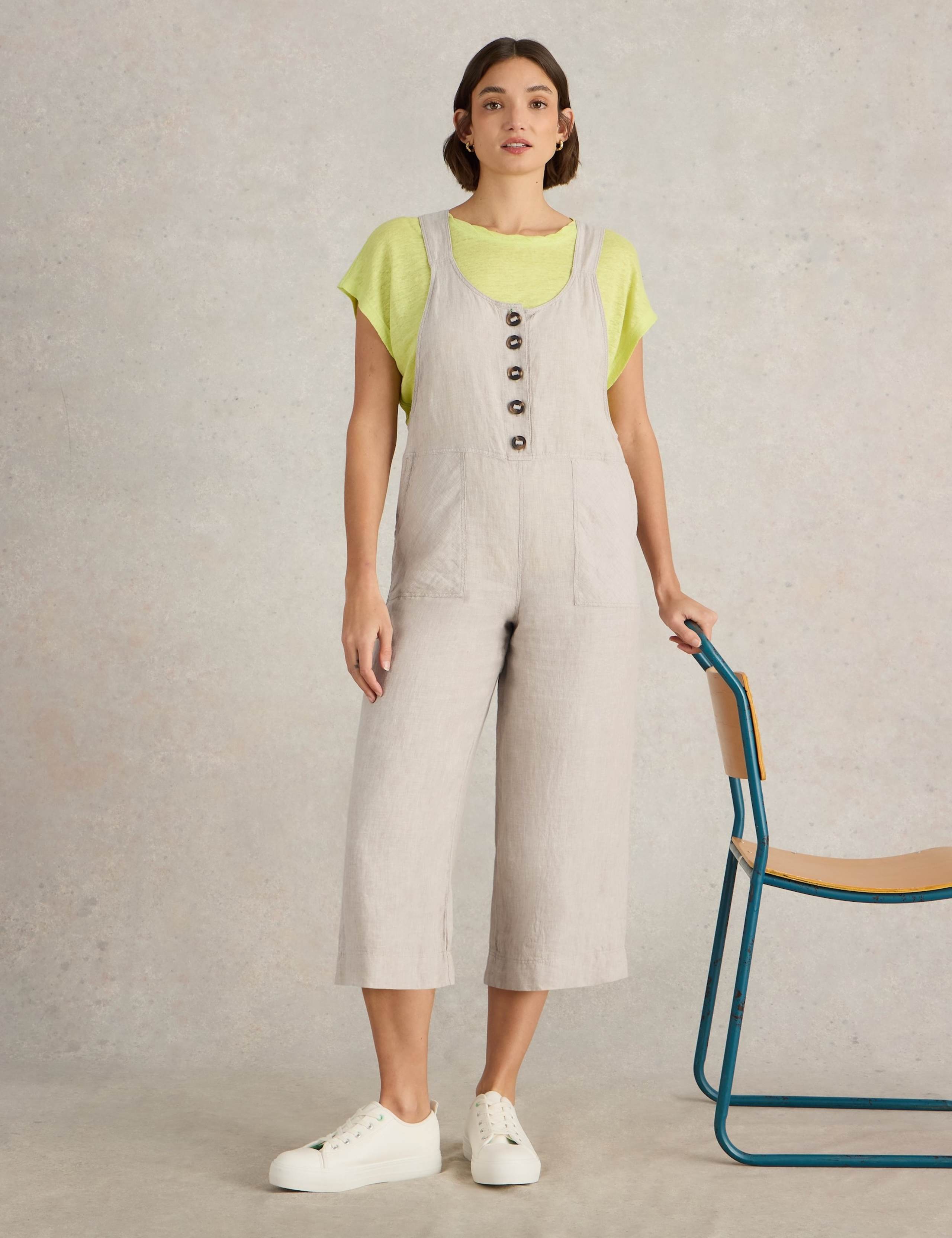 Pure Linen Cropped Dungarees 4 of 10