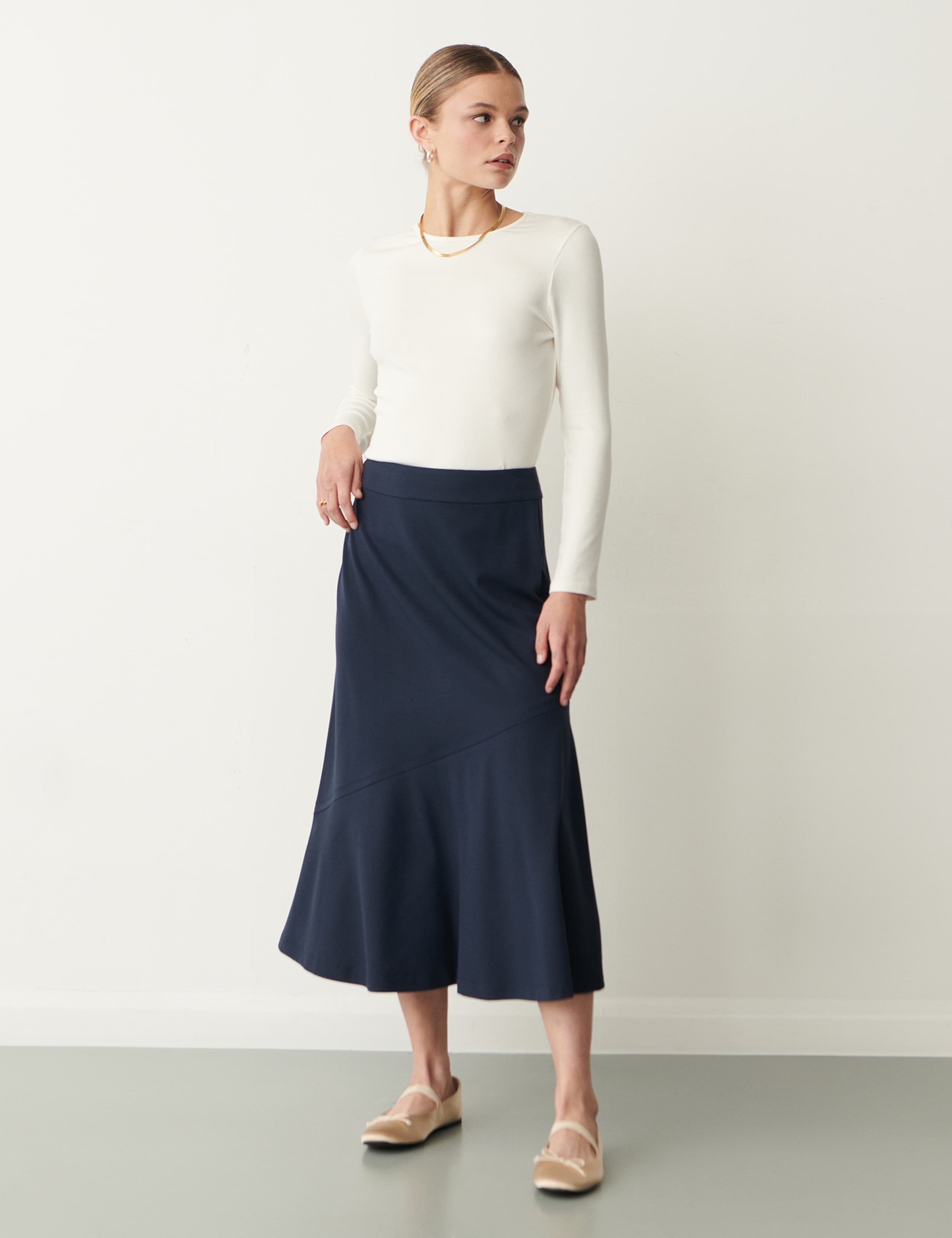 Ponte Jersey Seam Detail Midi A-Line Skirt 1 of 4