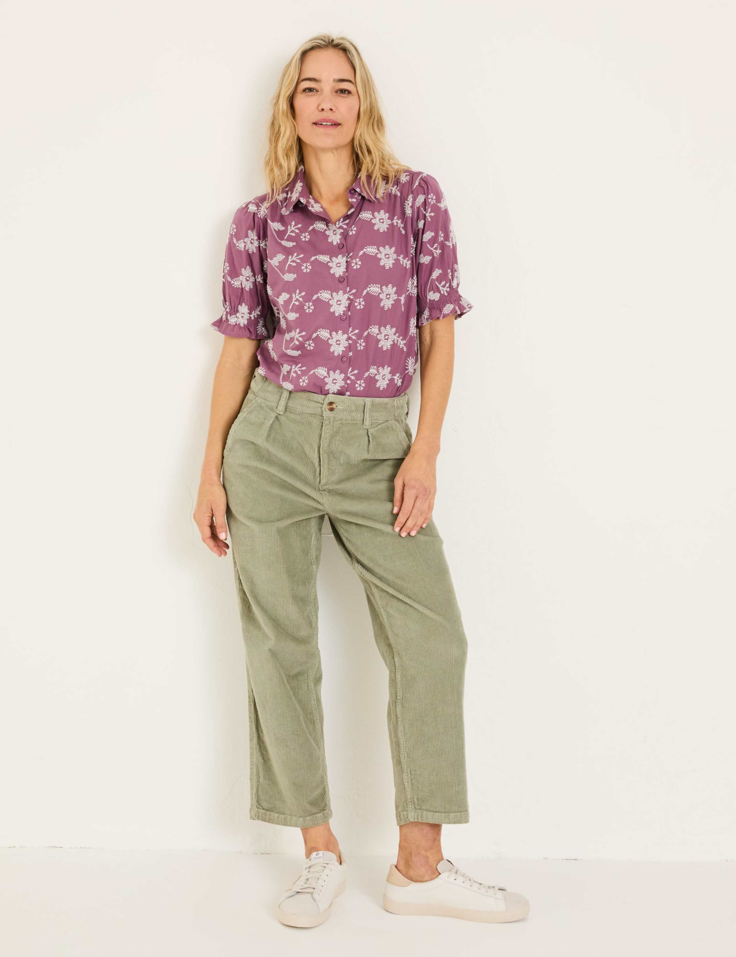 Pure Cotton Embroidered Floral Collared Puff Sleeve Shirt 3 of 5