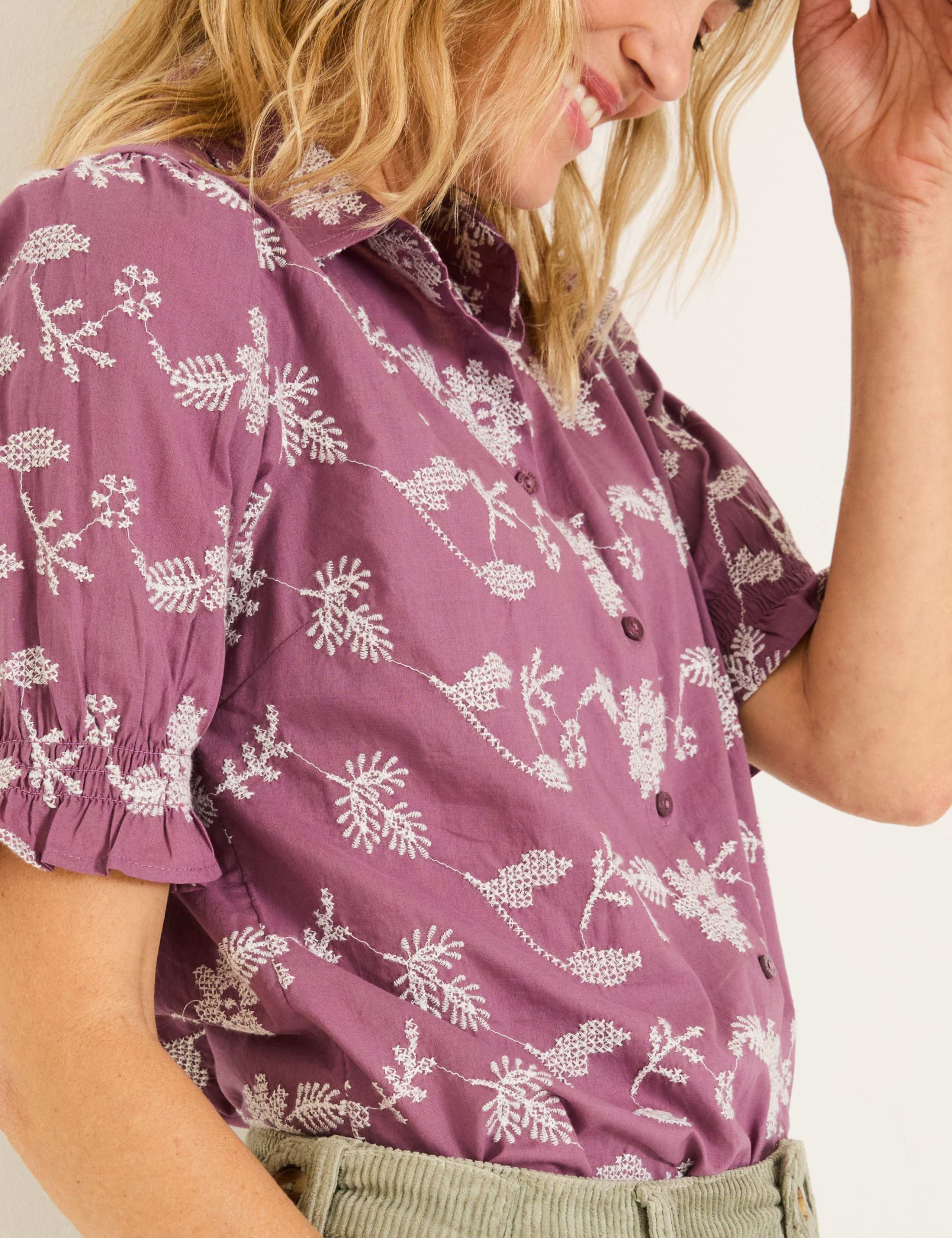 Pure Cotton Embroidered Floral Collared Puff Sleeve Shirt 5 of 5