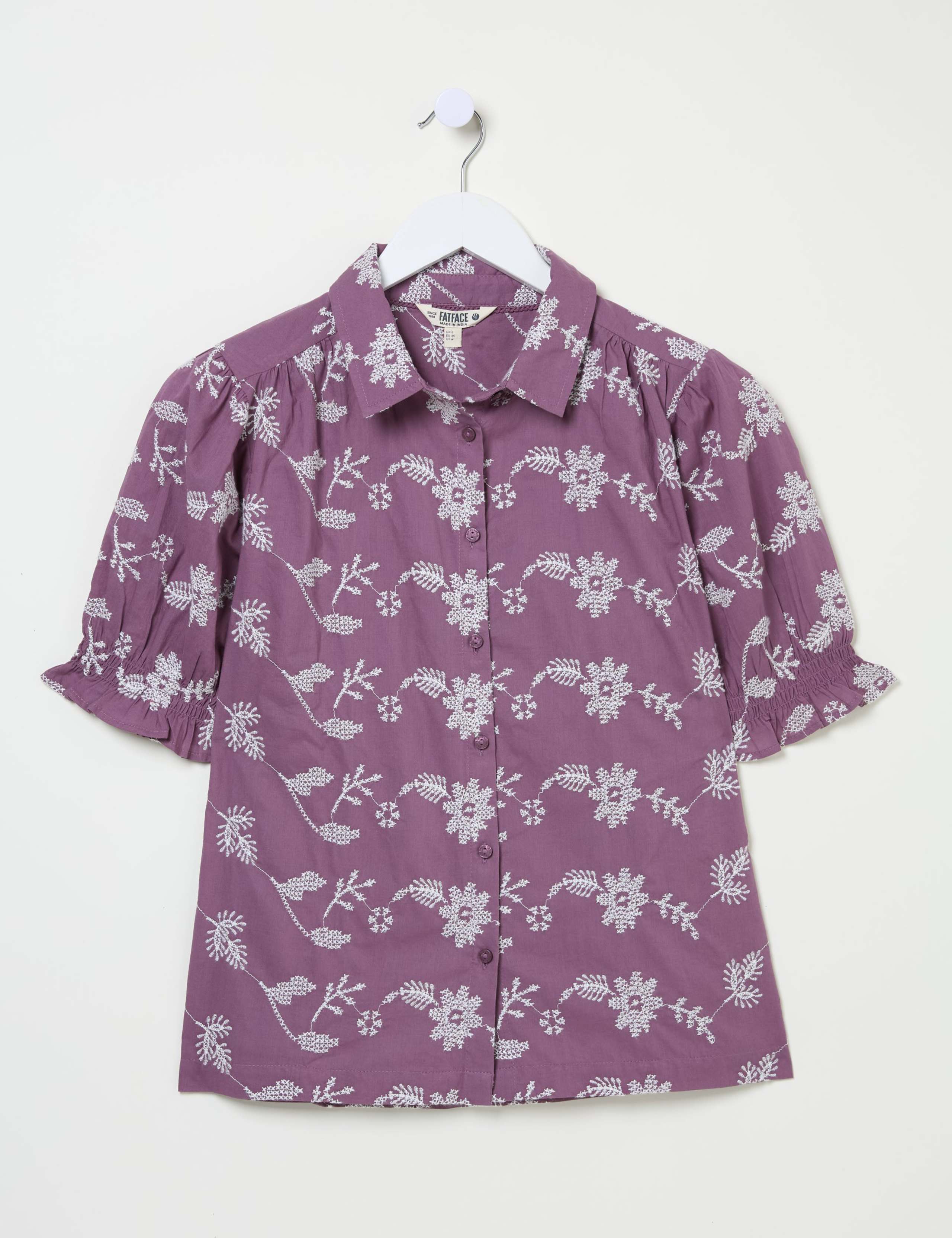 Pure Cotton Embroidered Floral Collared Puff Sleeve Shirt 2 of 5
