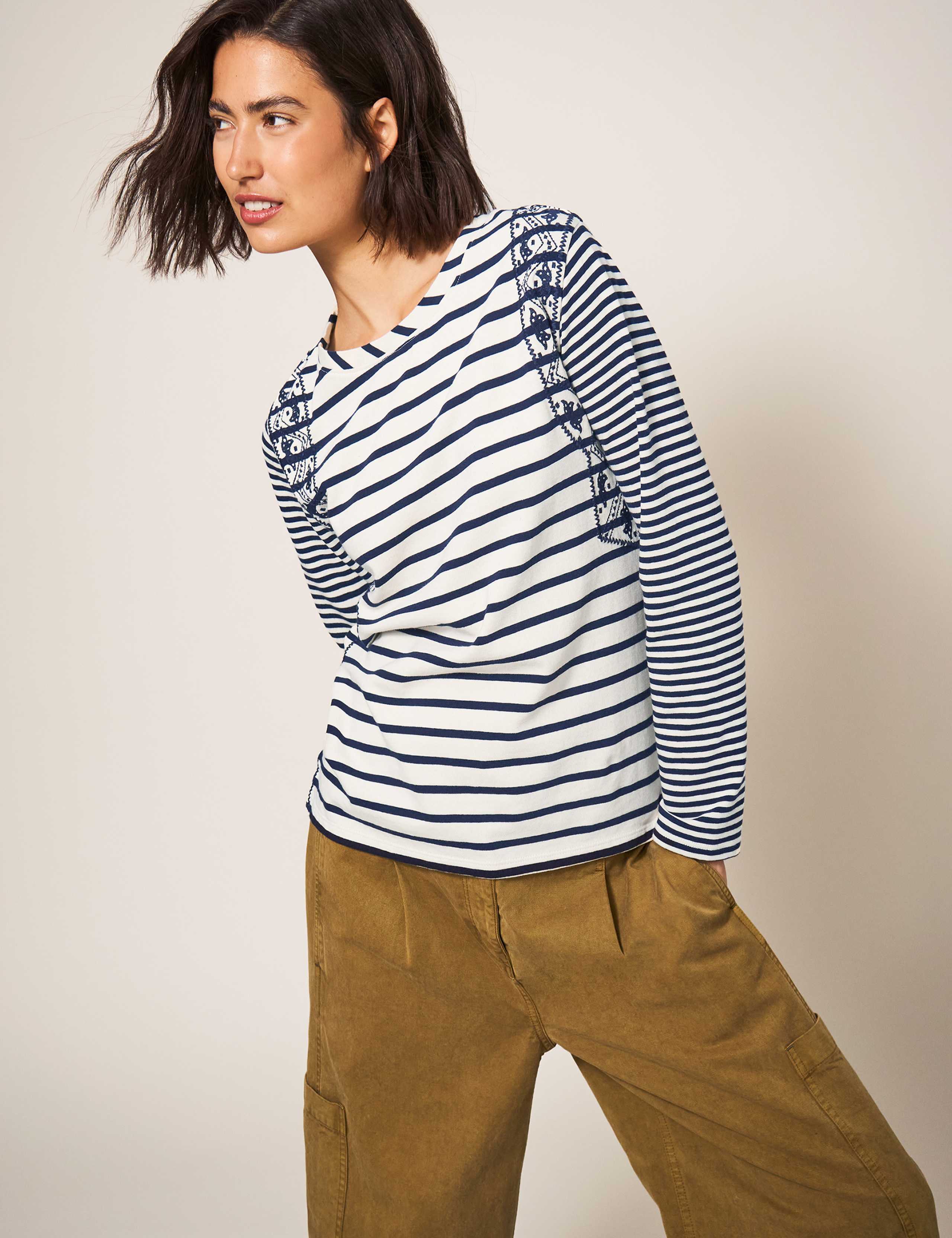 Pure Cotton Striped Embroidered T-Shirt 1 of 6