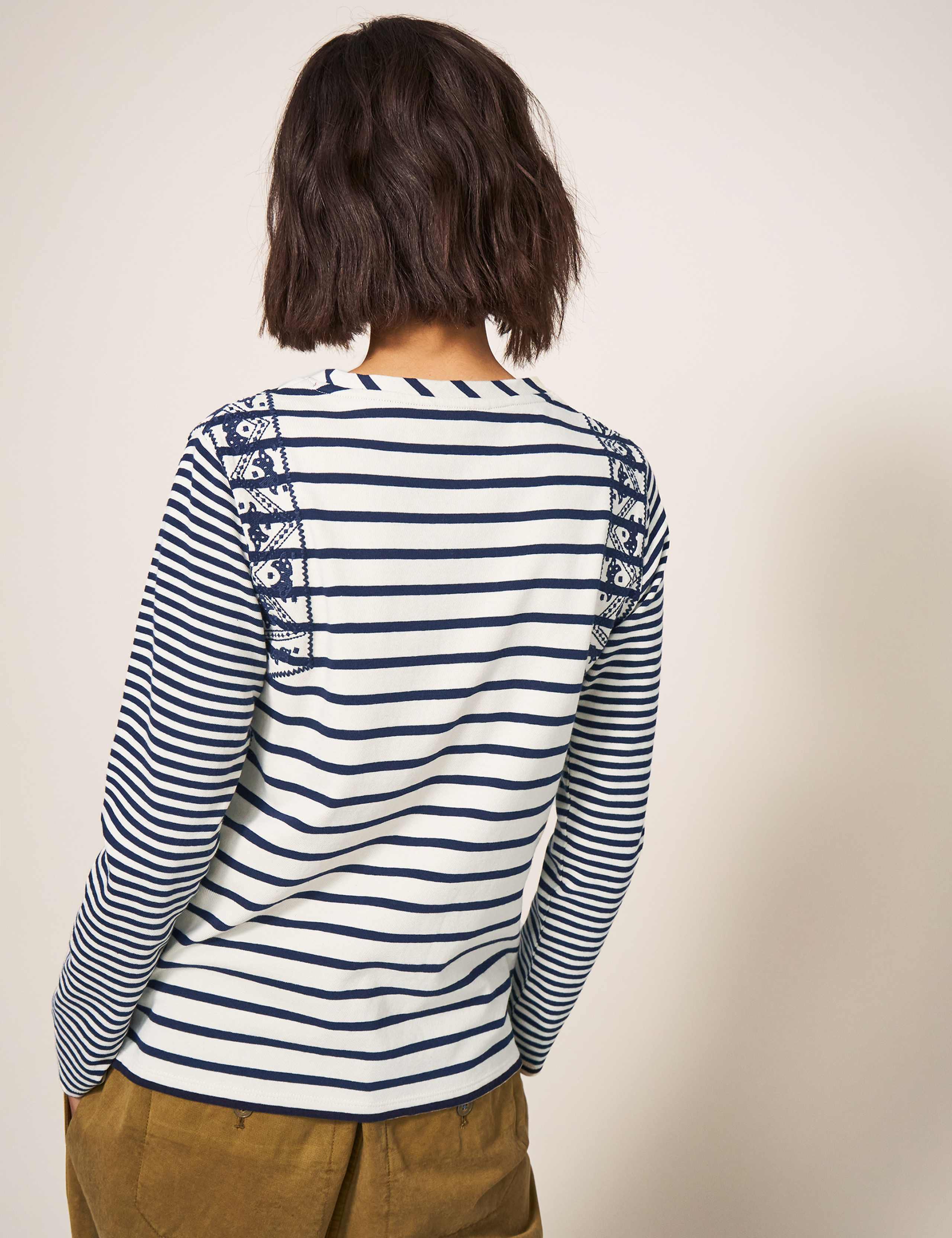 Pure Cotton Striped Embroidered T-Shirt 3 of 6