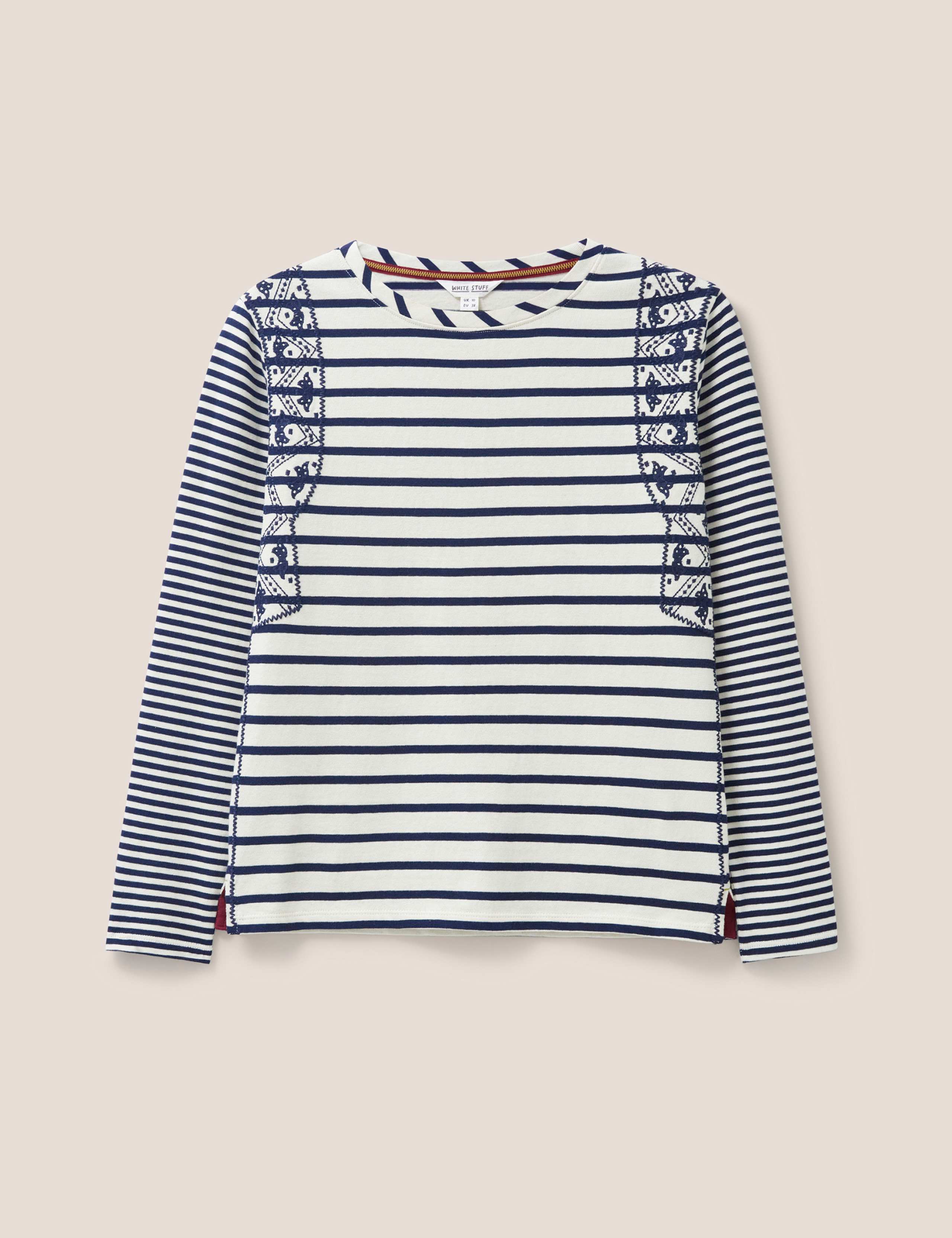 Pure Cotton Striped Embroidered T-Shirt 2 of 6