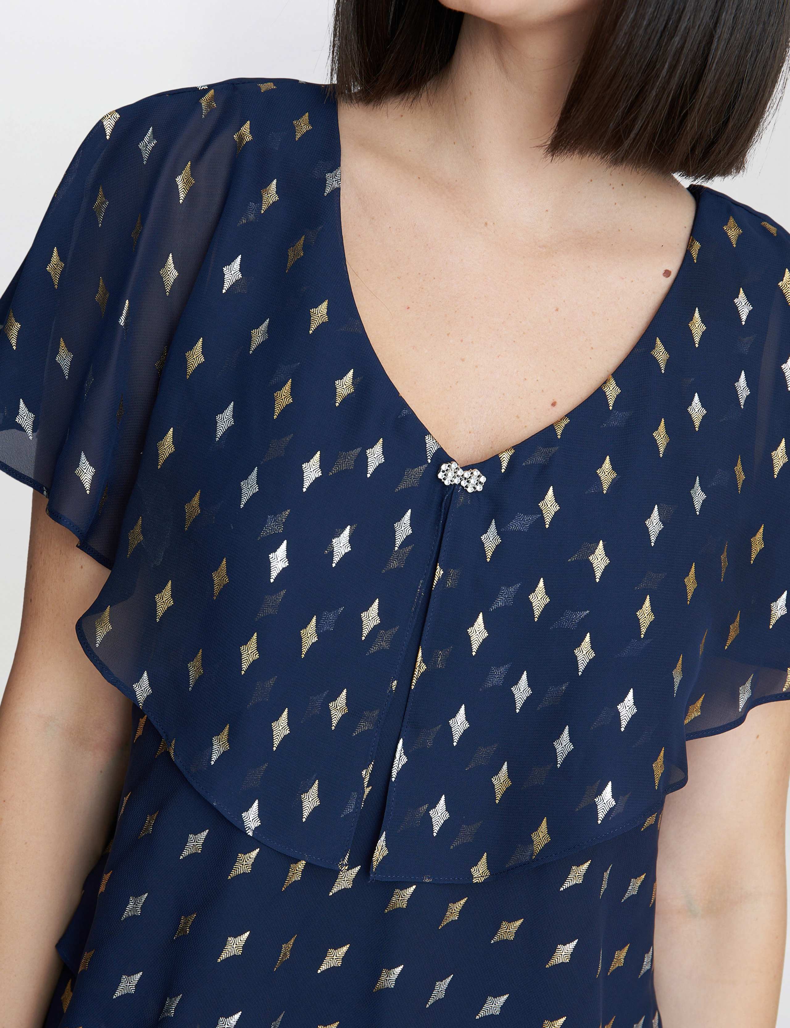 【海外限定】GinaBacconi ドレス☆Simone Foil Printed Tiered D Foil V-Neck Ruffle Knee Length Tiered Dress | Gina Bacconi | M&S