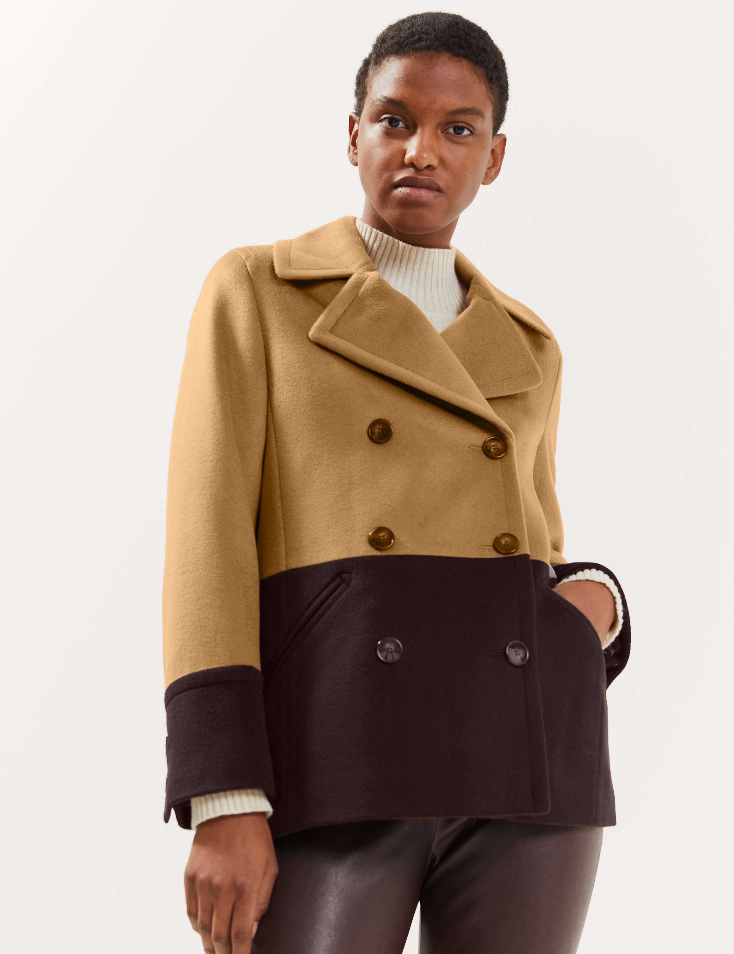 Pure Wool Colour Block Pea Coat 3 of 6