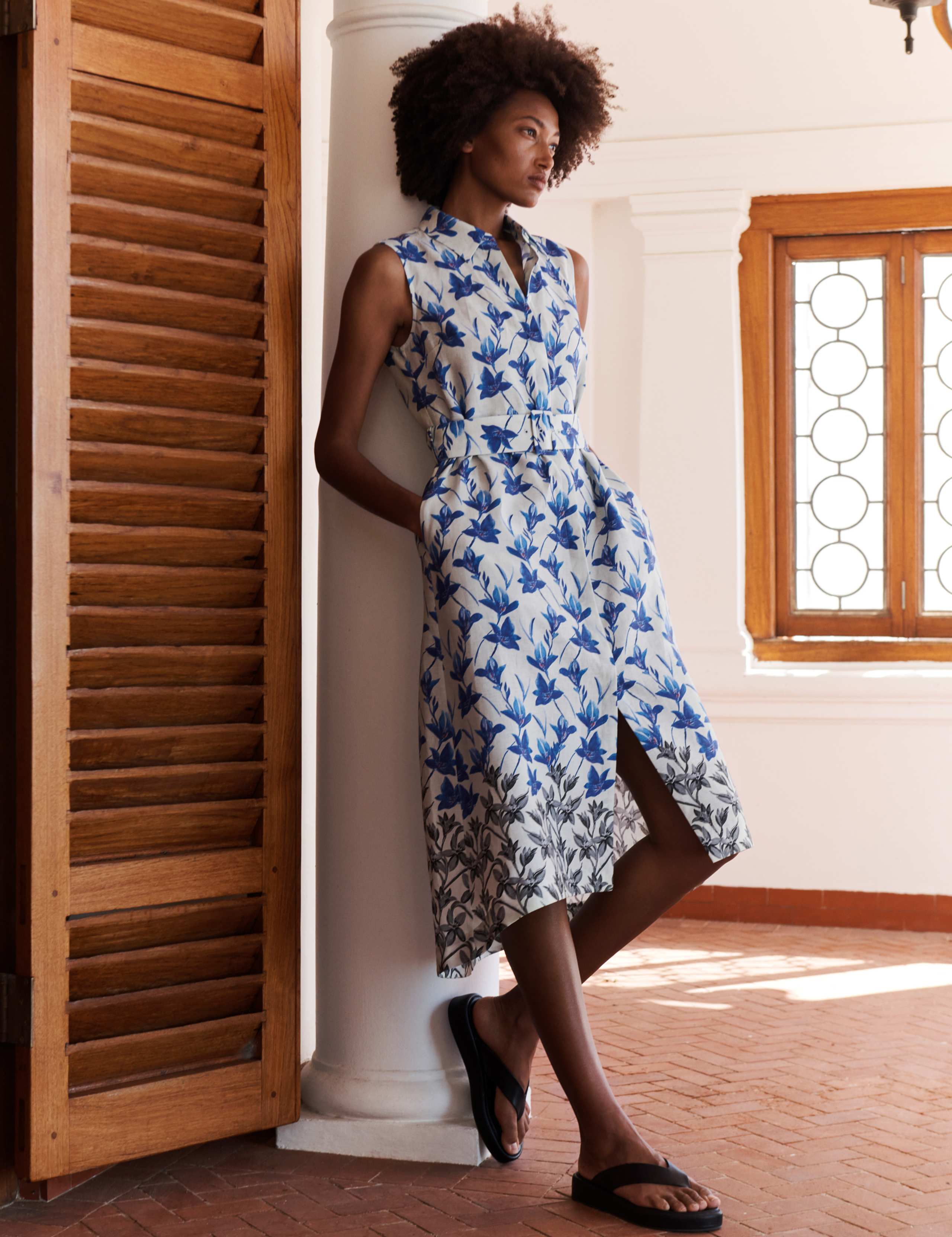 Pure Linen Floral Midi Shirt Dress 1 of 5