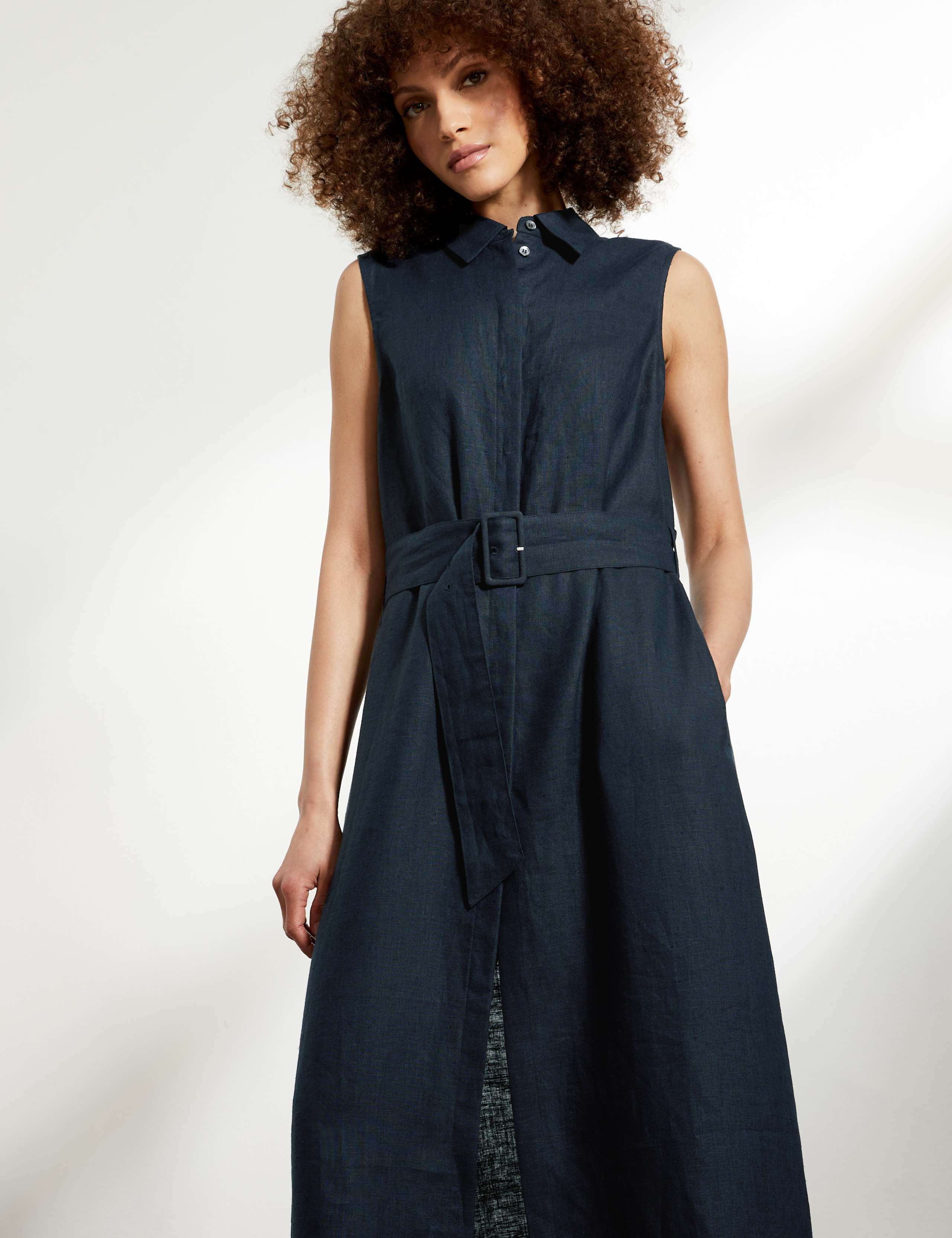 Pure Linen Belted Midi Shirt Dress 2 of 5