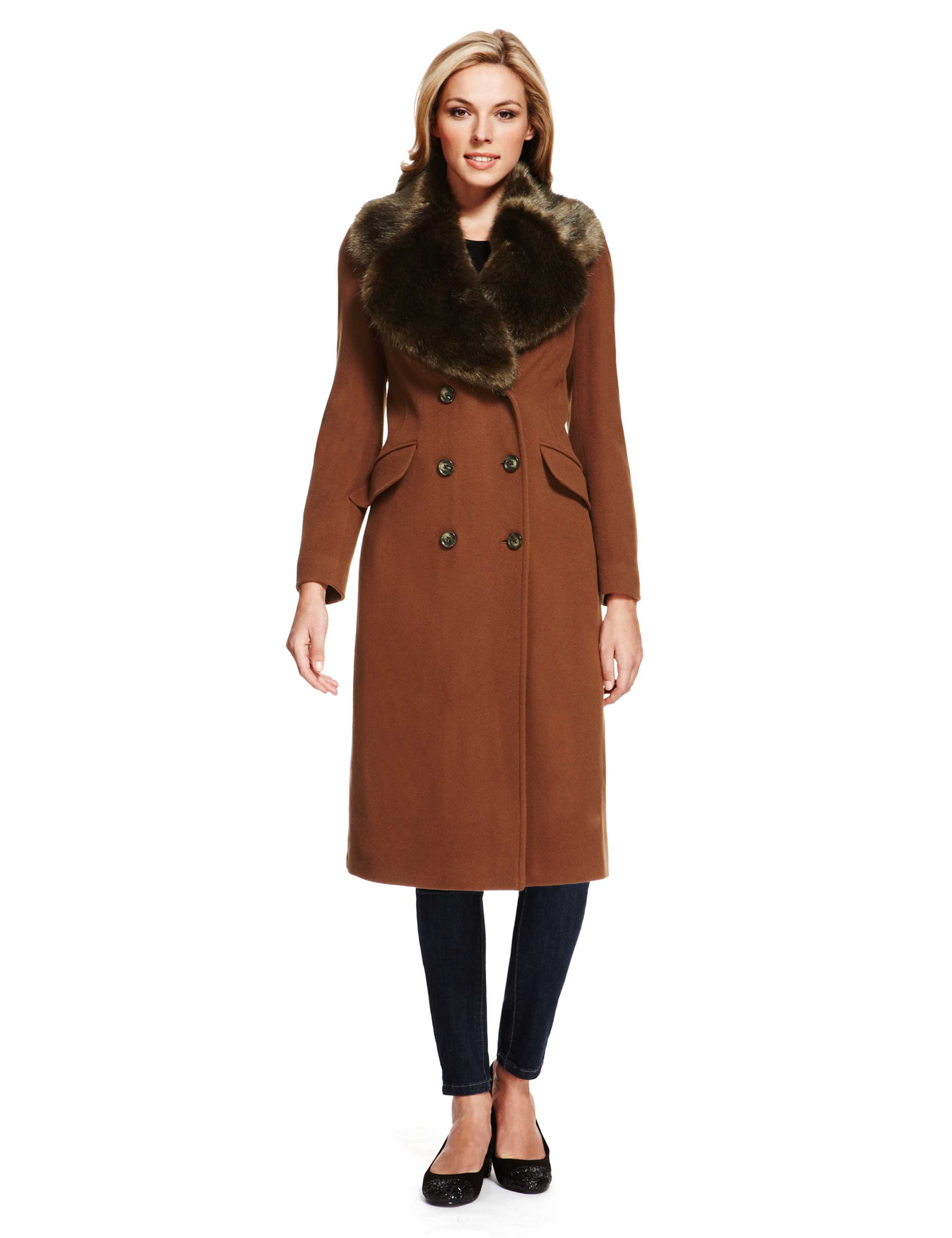 Double Breasted Faux Fur Collar Coat with Cashmere 1 of 9