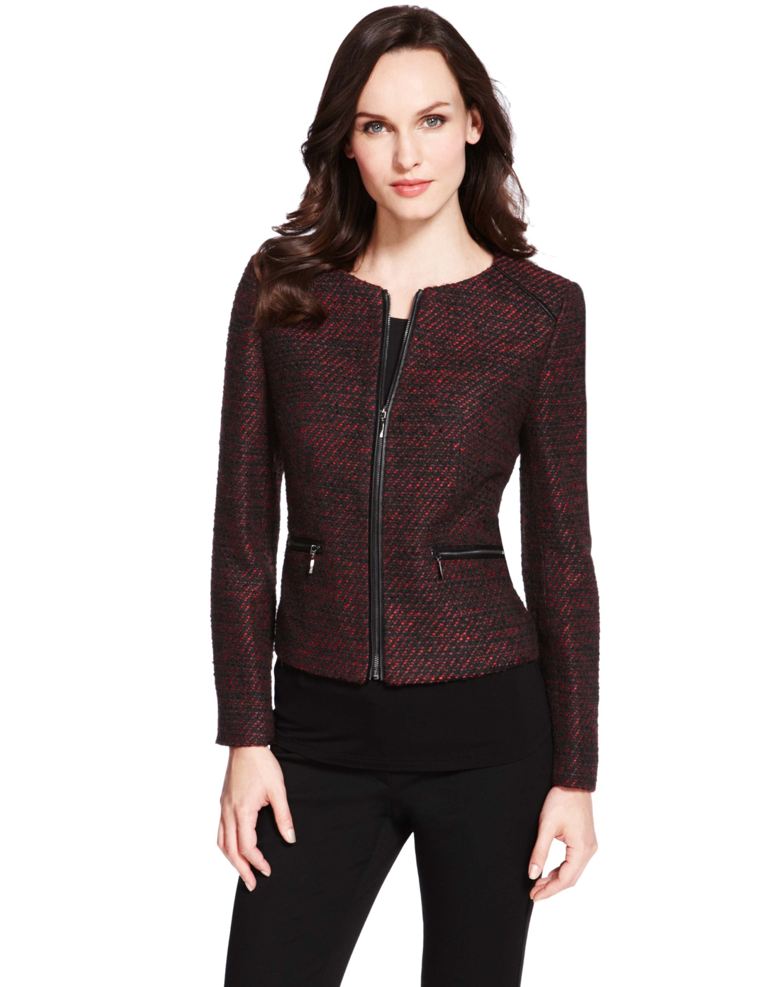 Leather Trim Tweed Jacket 1 of 8