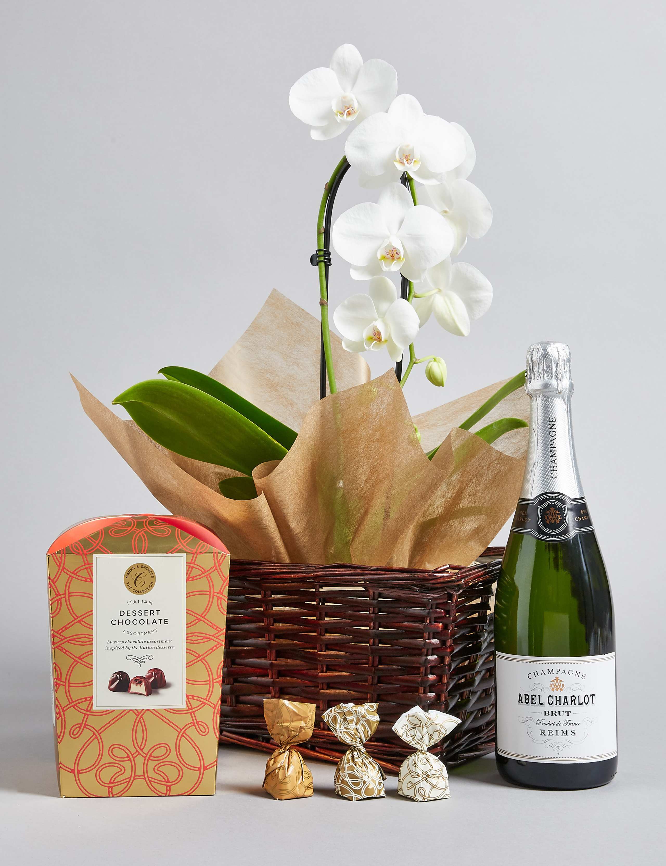 Luxury White Cascade Orchid, Champagne & Italian Chocolates Hamper 1 of 4