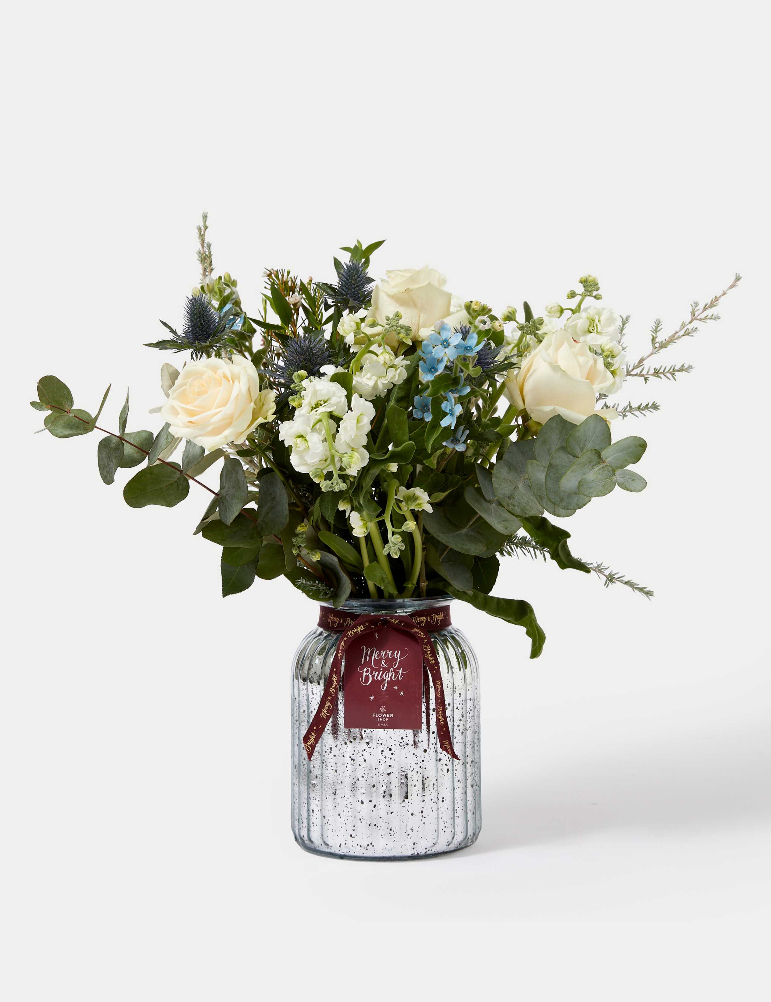 Cream Rose & Blue Eryngium Bouquet in Vase 3 of 5