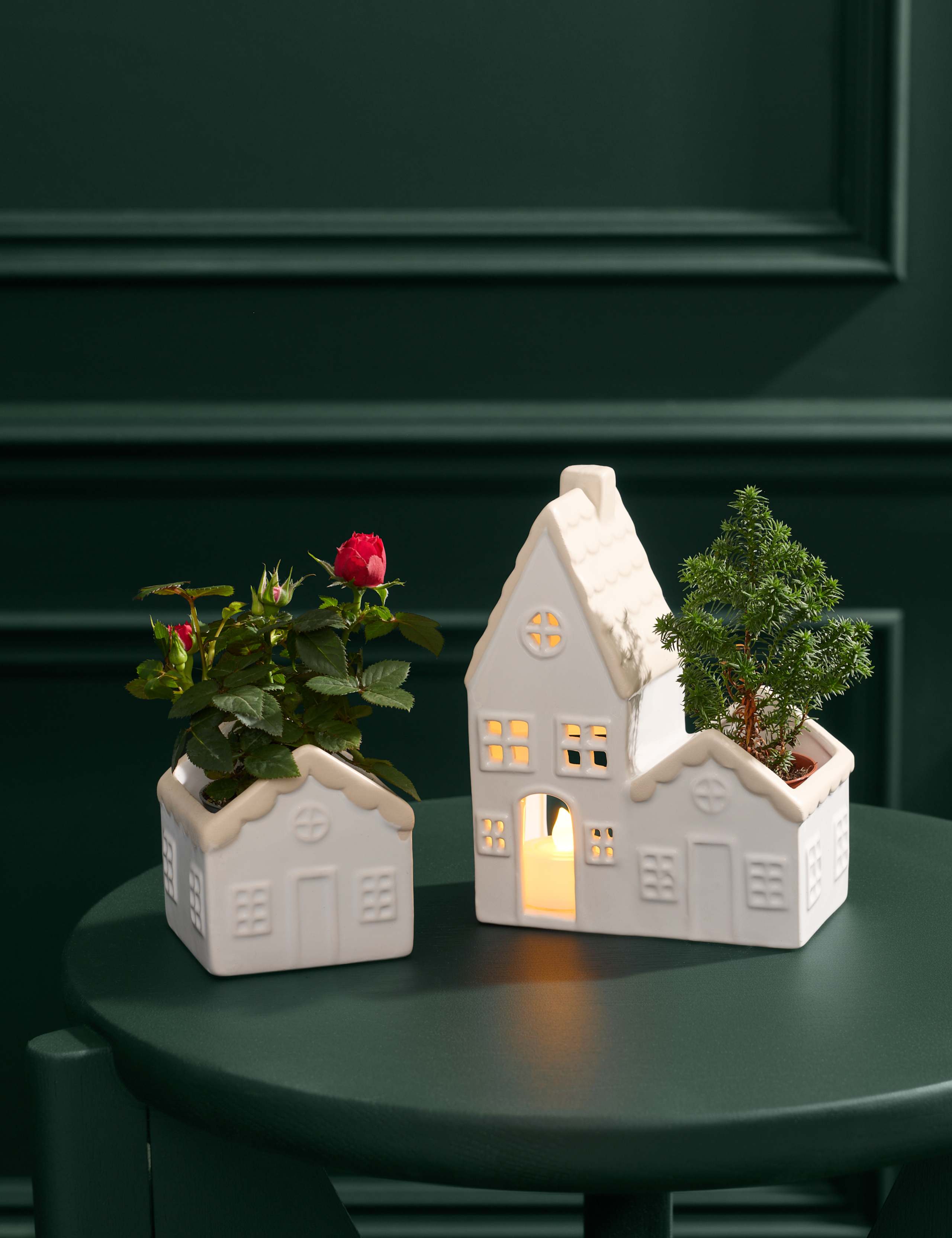 Light Up Duo Ceramic Houses with Miniature Red Rose & Picea 1 of 3