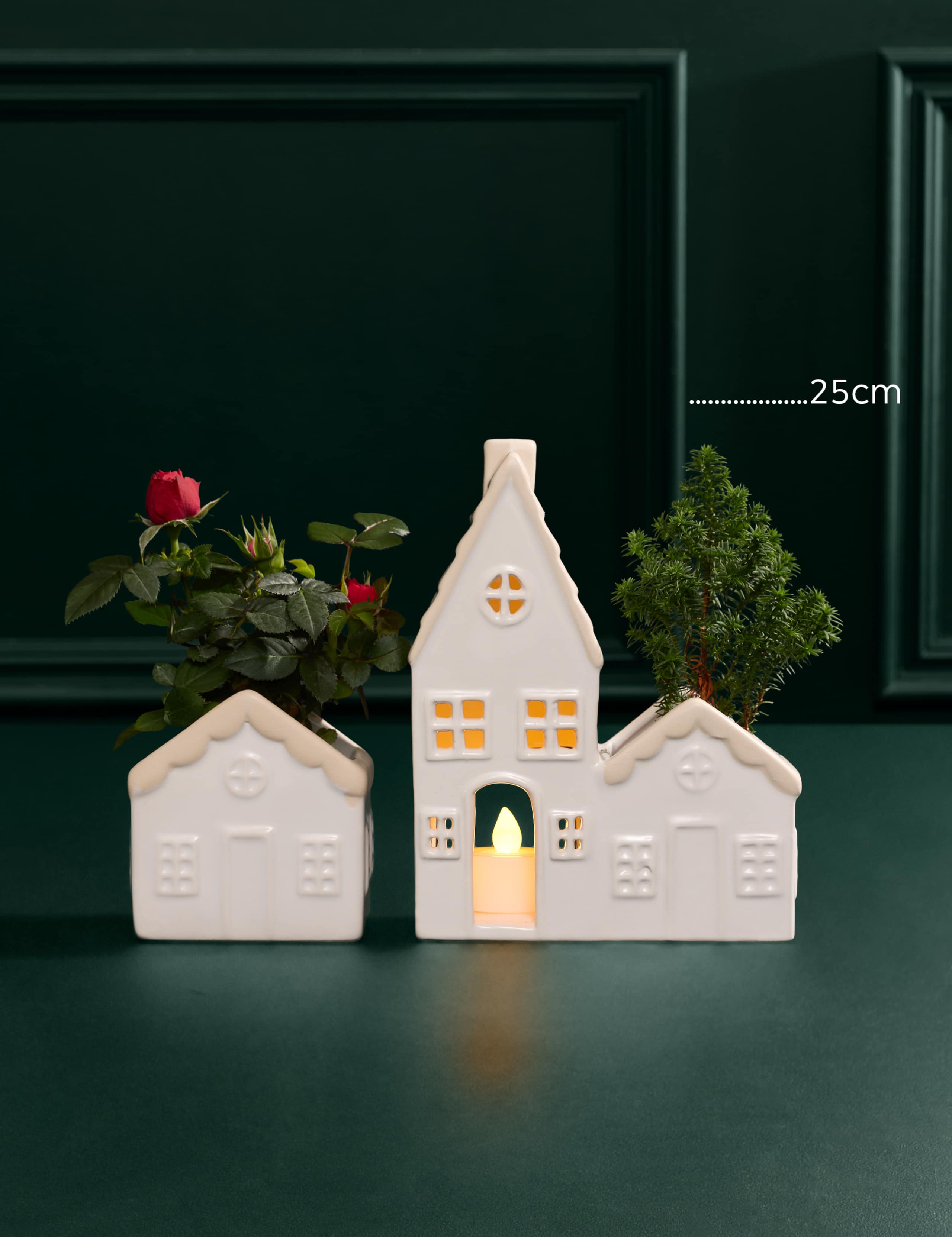 Light Up Duo Ceramic Houses with Miniature Red Rose & Picea 3 of 3