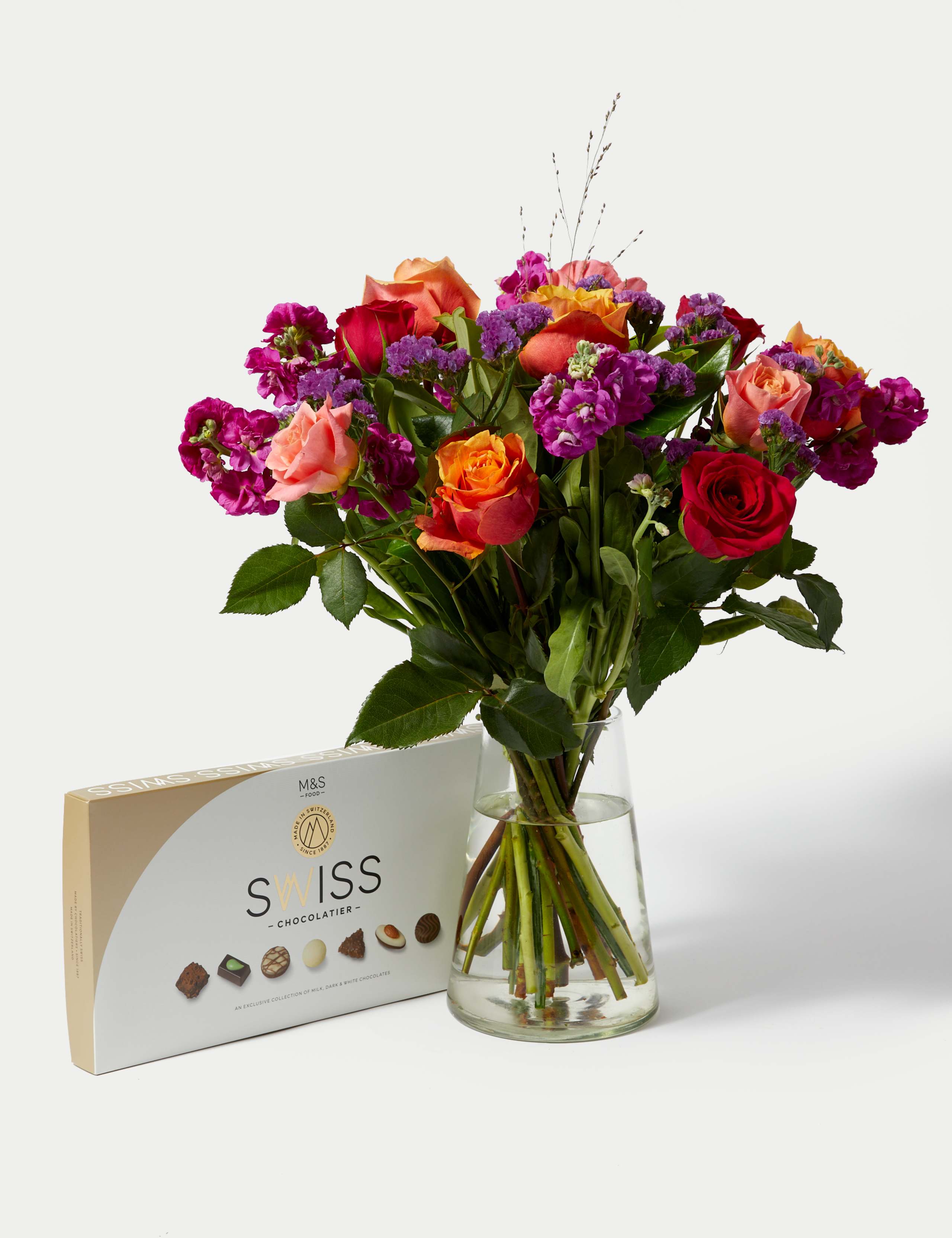 Rose, Statice & Spray Stock Bright Bouquet with Swiss Chocolates 3 of 6