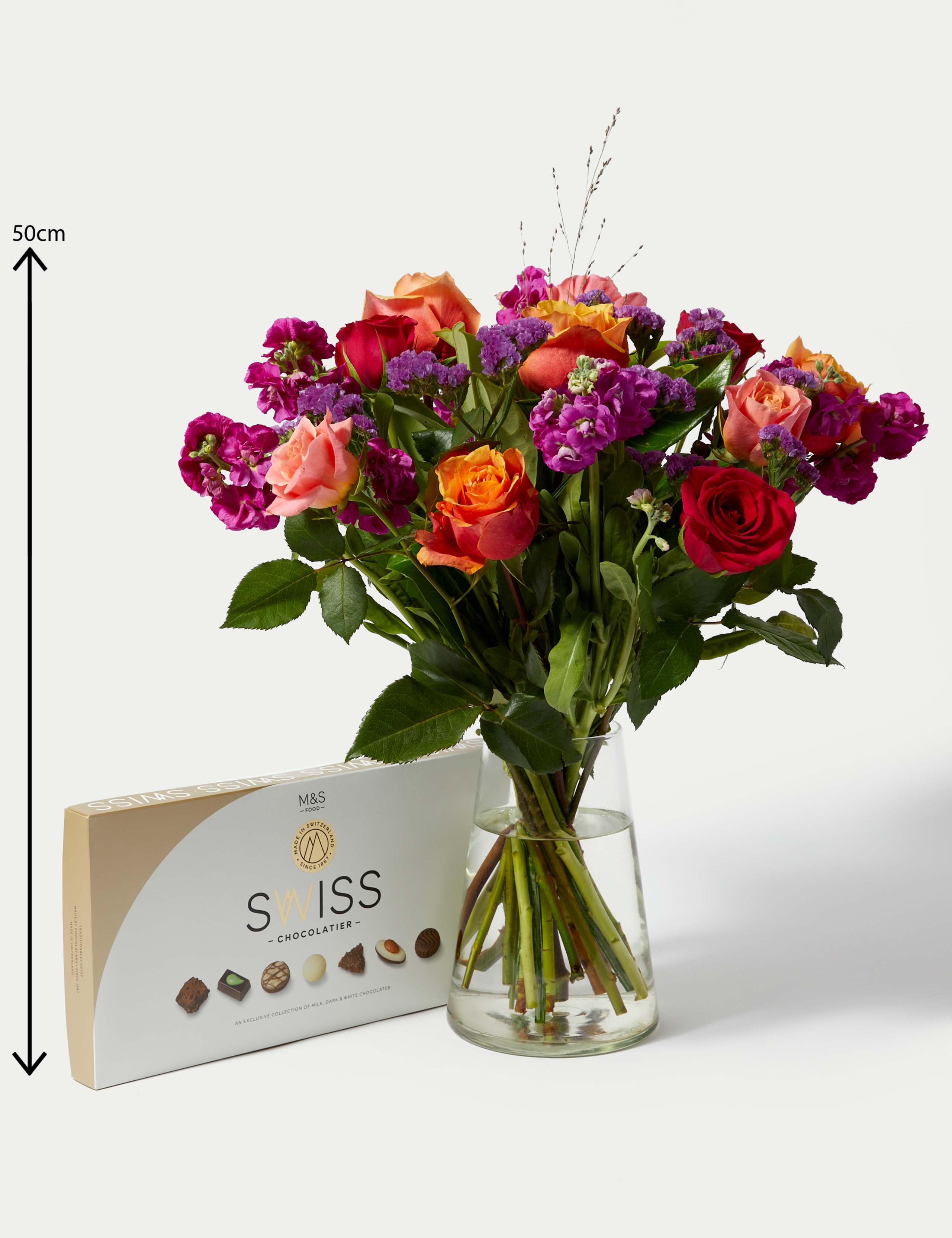 Rose, Statice & Spray Stock Bright Bouquet with Swiss Chocolates 6 of 6