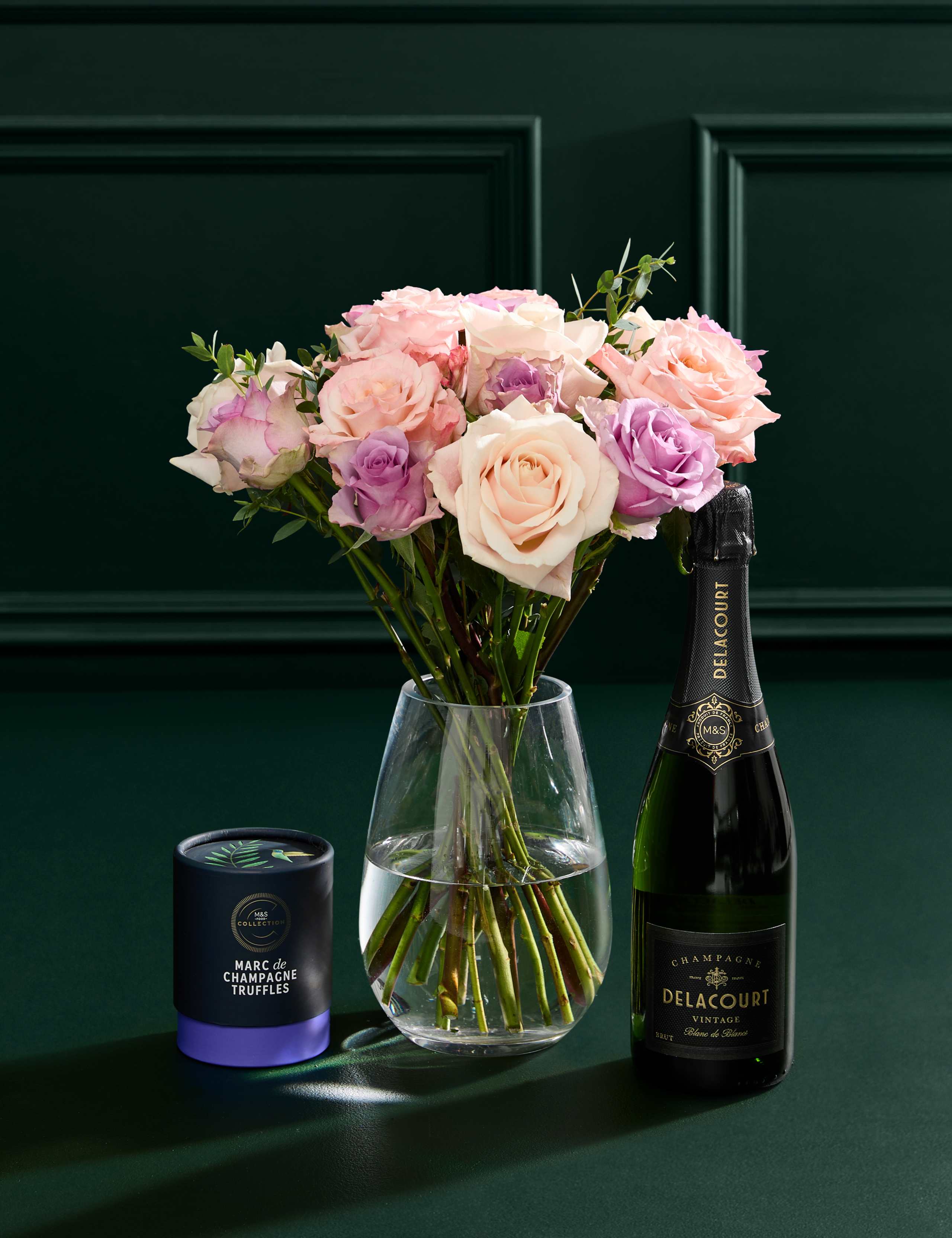 Mother's Day Peach Rose & Eucalyptus Bouquet with Champagne & Truffles 1 of 8