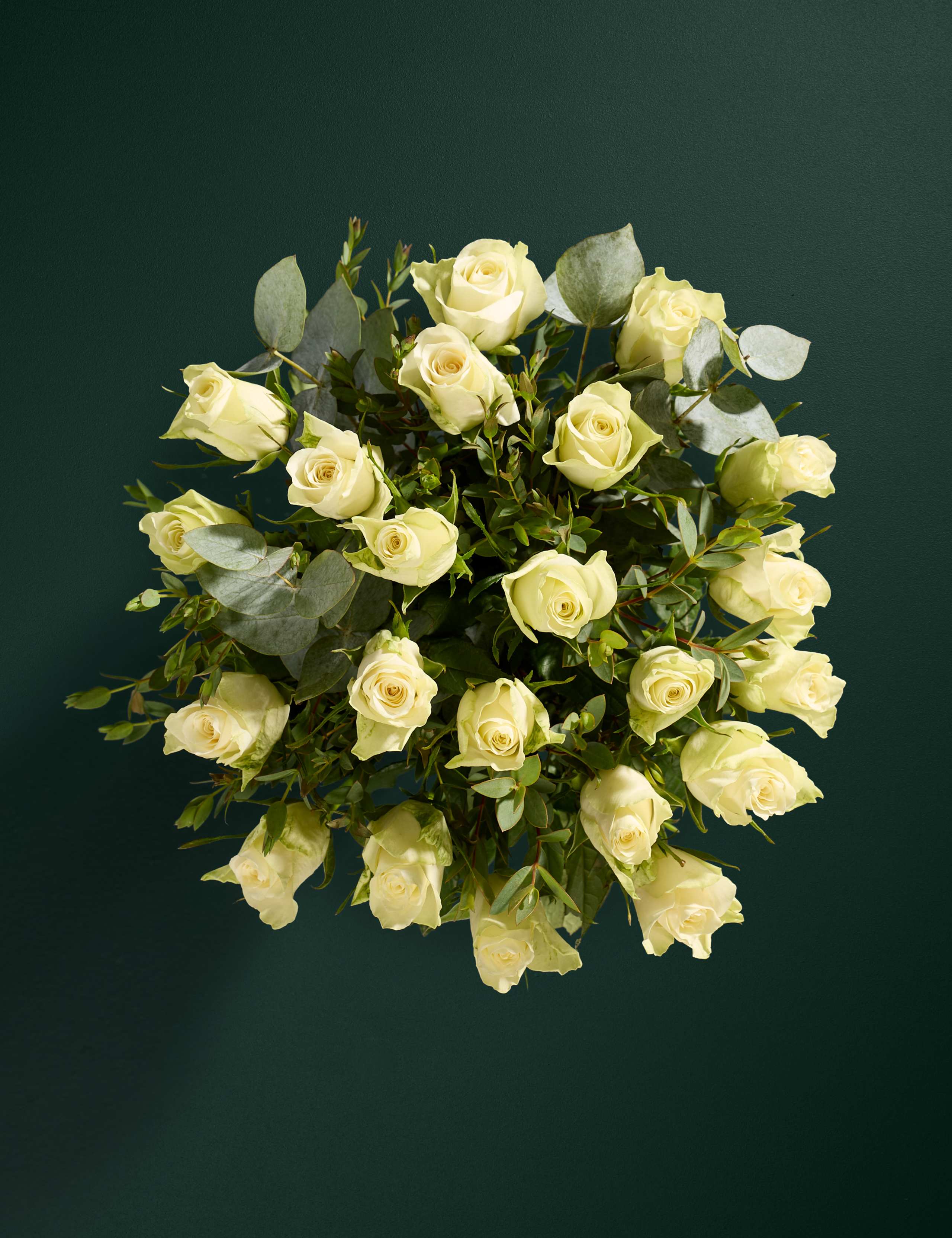 Festive White Rose & Eucalyptus Bouquet with Vintage Champagne 2 of 6