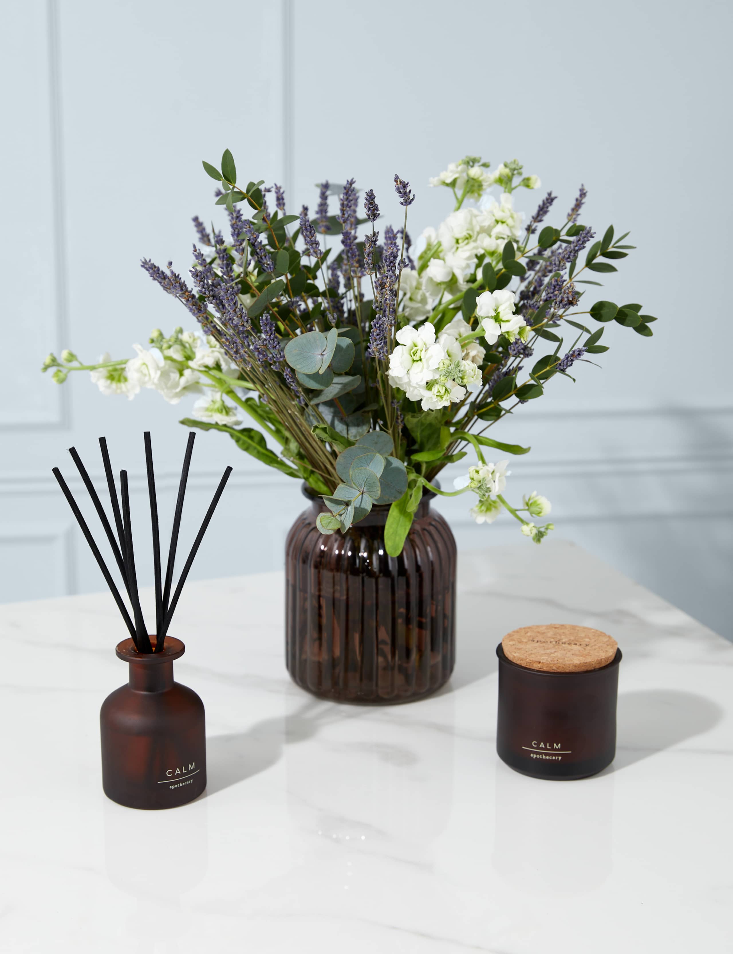 Rose, Delphinium & Freesia Bouquet with Vase 1 of 6