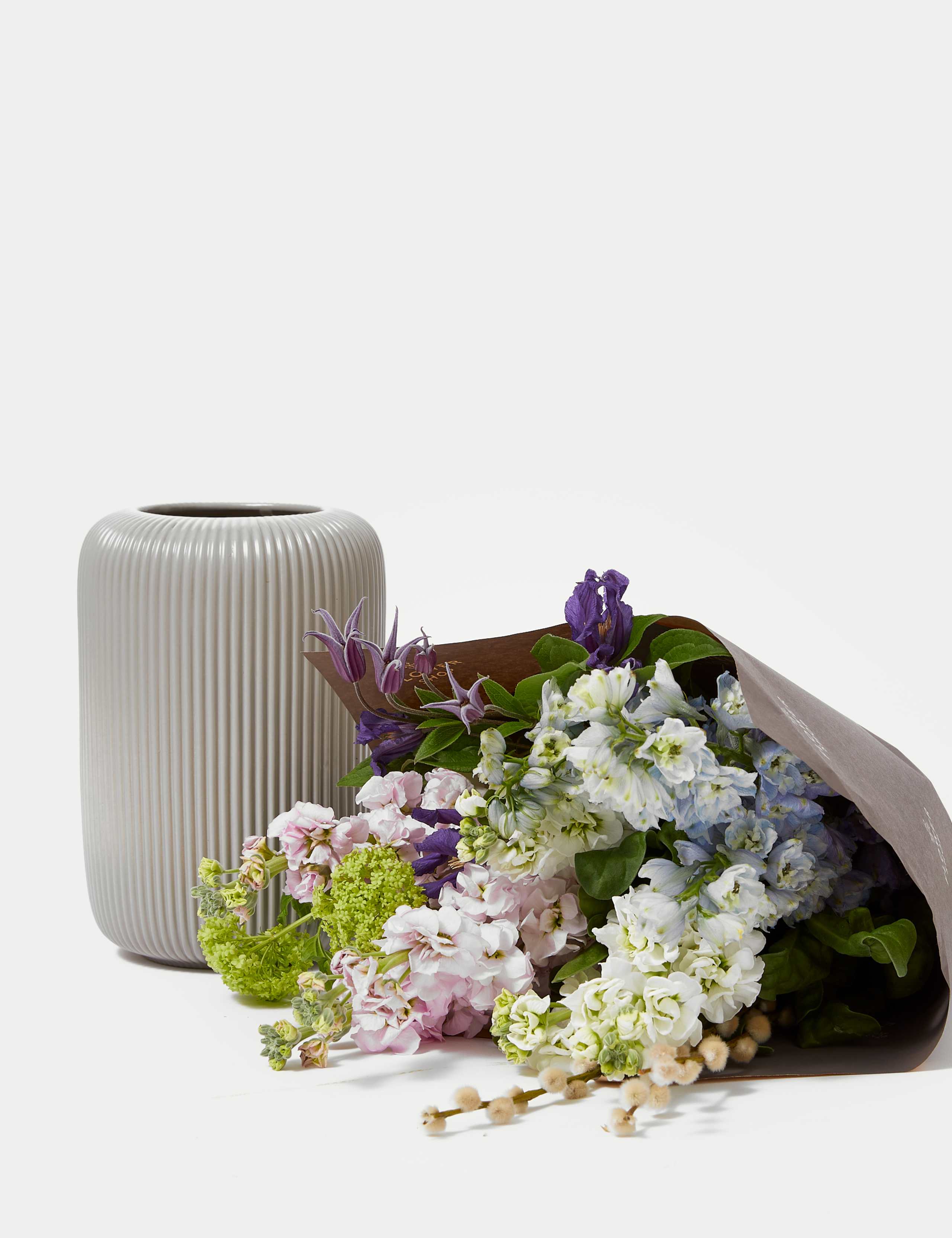 Stock, Delphinium & Clematis Bouquet with Vase (Available until 02/03/24) 5 of 6