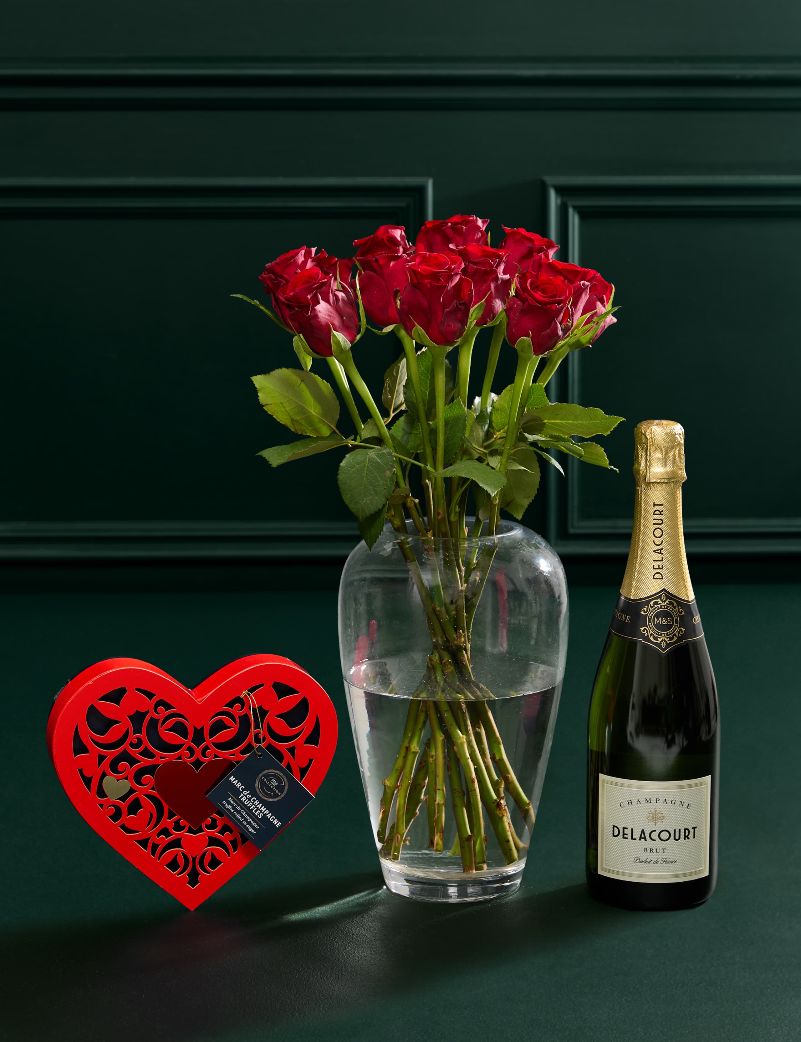 Dozen Red Rose Bouquet with Champagne & Truffles 1 of 7
