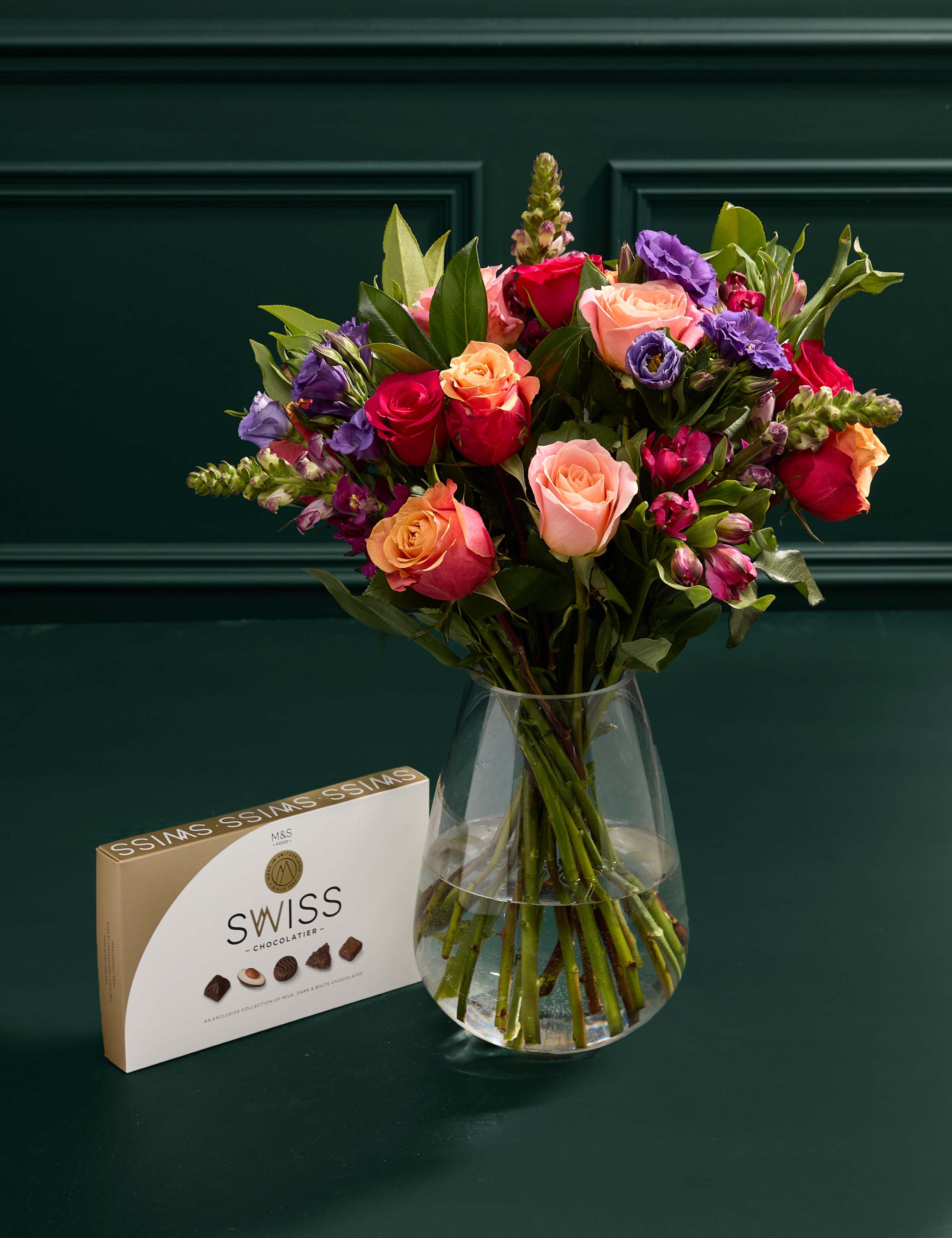 Roses, Lisianthus & Antirrhinum Bright Bouquet with Swiss Chocolates 1 of 6