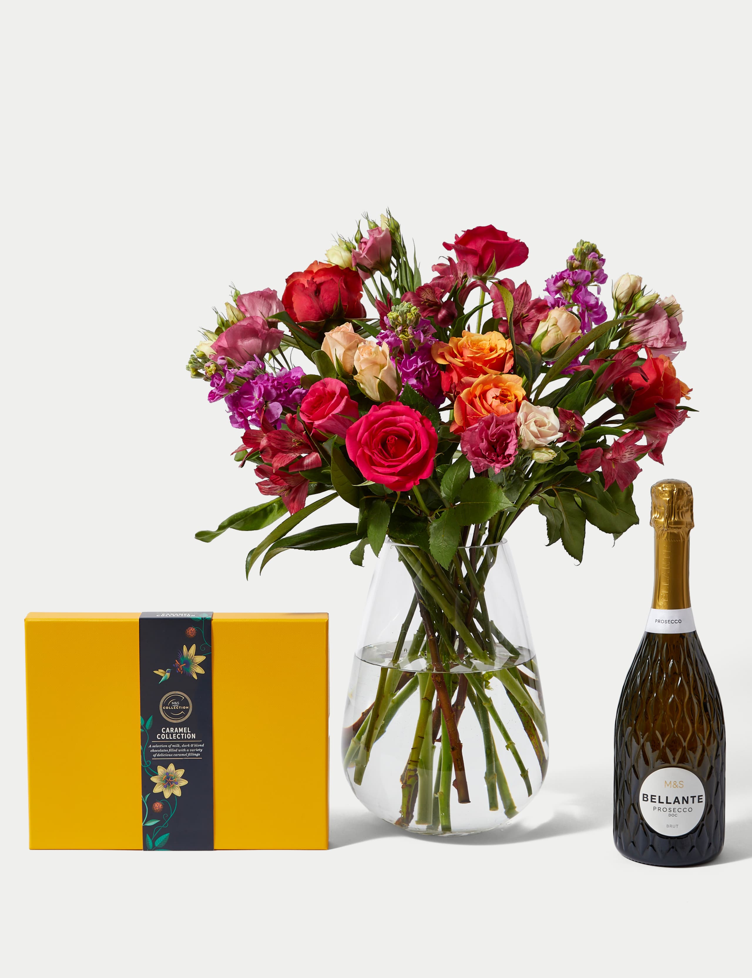 Roses, Lisianthus & Stock Bright Bouquet With Caramel Collection & Prosecco 3 of 7