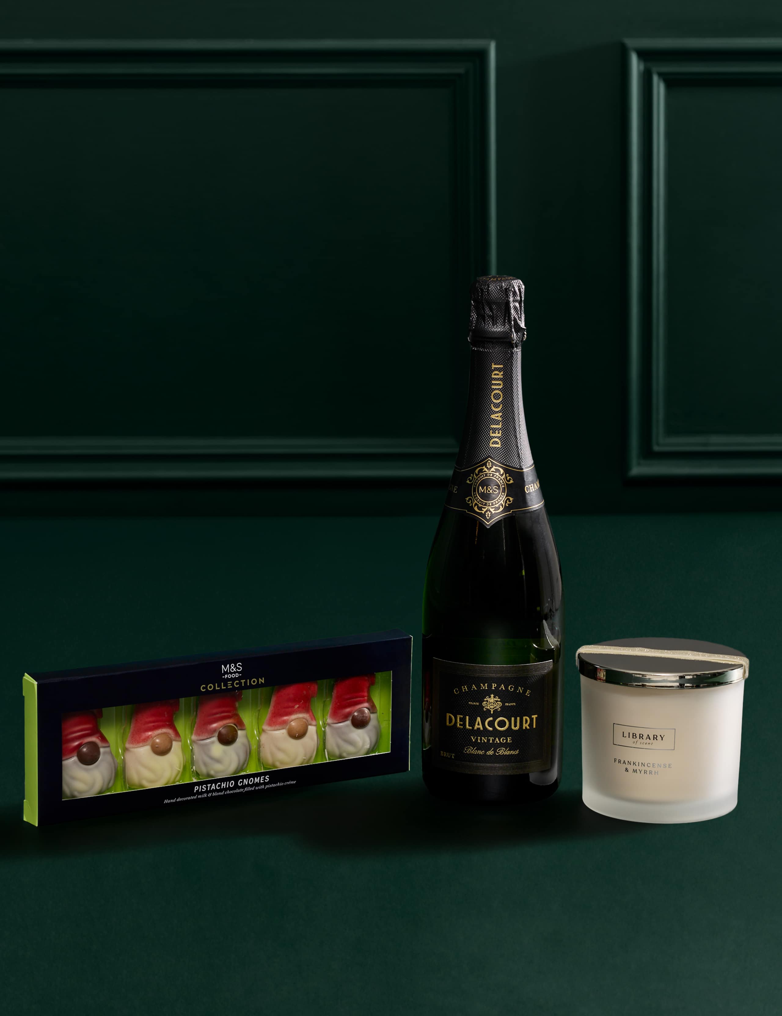 Festive Red Rose Bouquet with Vintage Champagne, Pistachio Gnomes & Candle 5 of 9