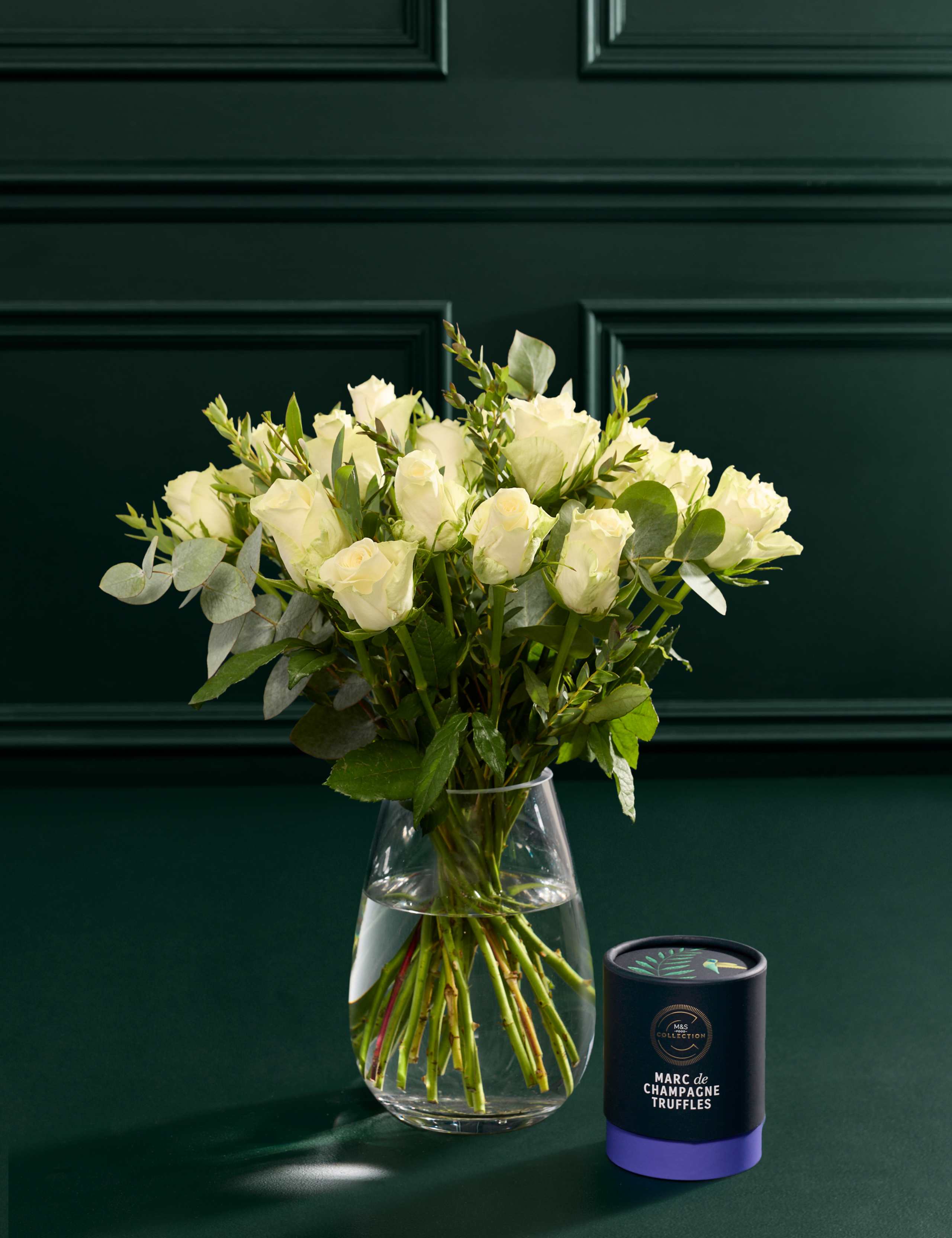 Festive White Rose & Eucalyptus Bouquet with Marc de Champagne Truffles 1 of 4